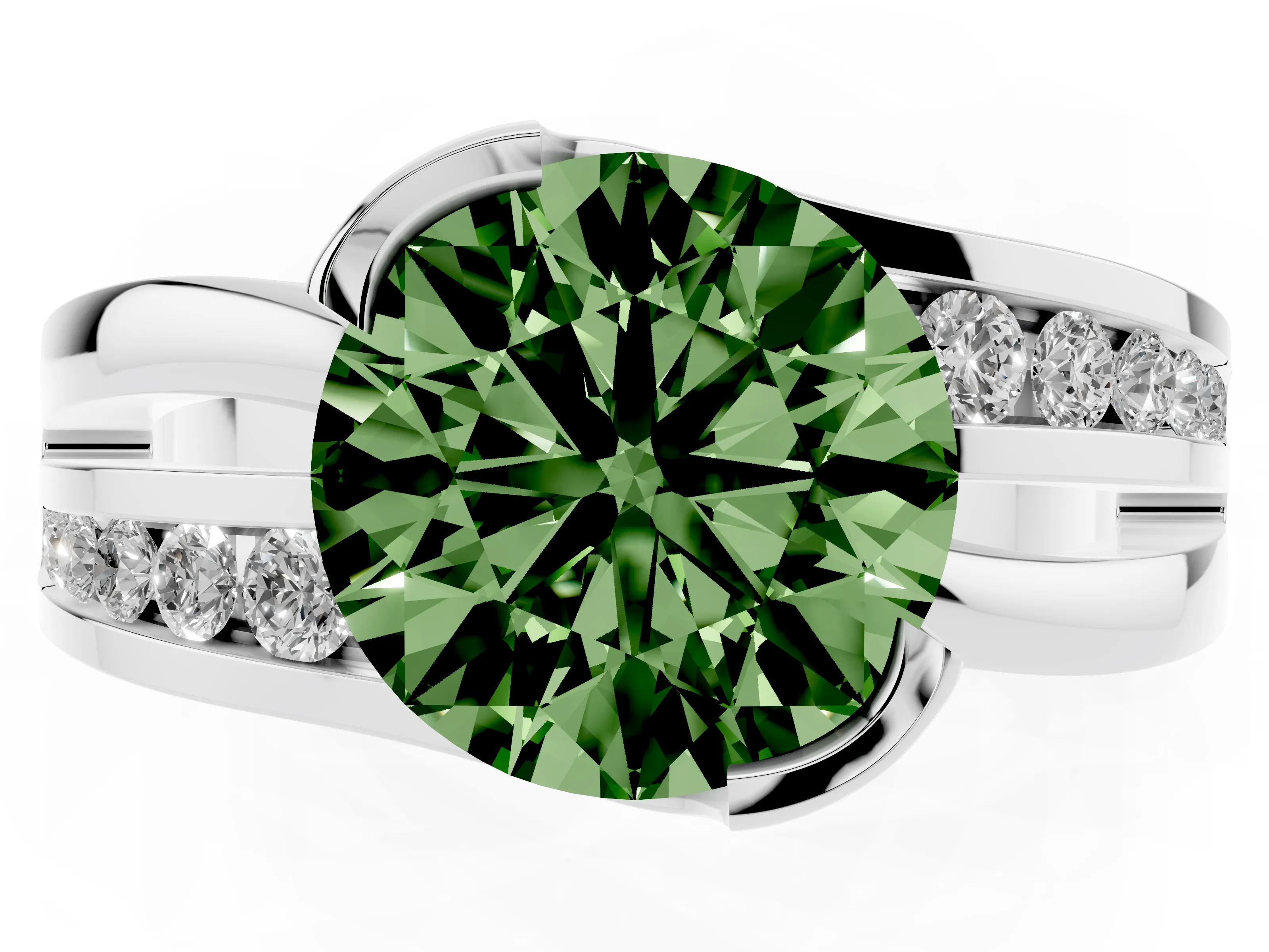 Fancy Green Round Cut Diamond Solitaire Ring Set in Silver with Channel Set Split Shank and Tension Prongs