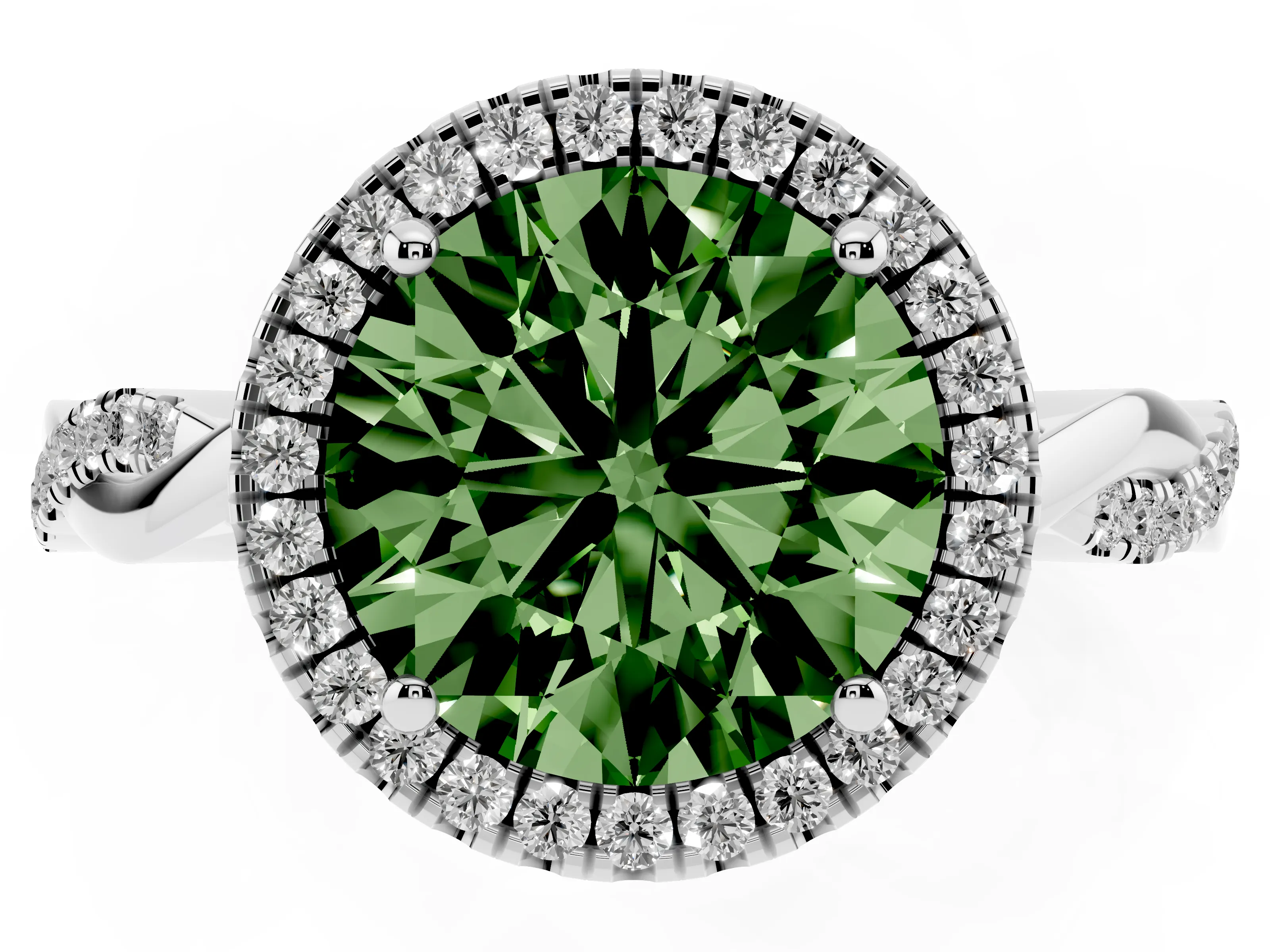 Fancy Green Round Cut Diamond Halo Twisted Band Ring Set in White gold with Prong Setting