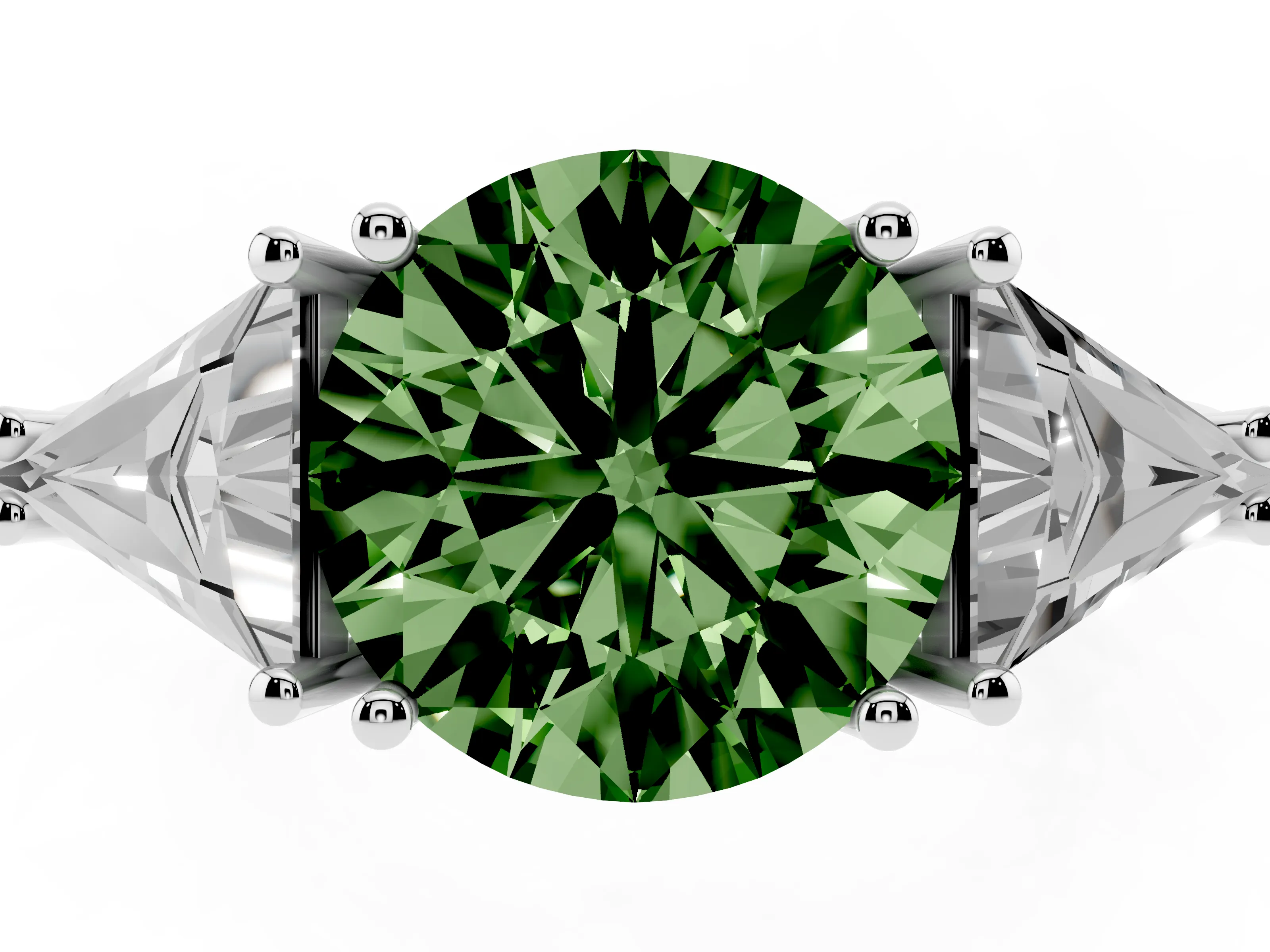Fancy Green Round Cut Diamond Three-Stone Engagement Ring Set in Silver with Trillion Side Stones