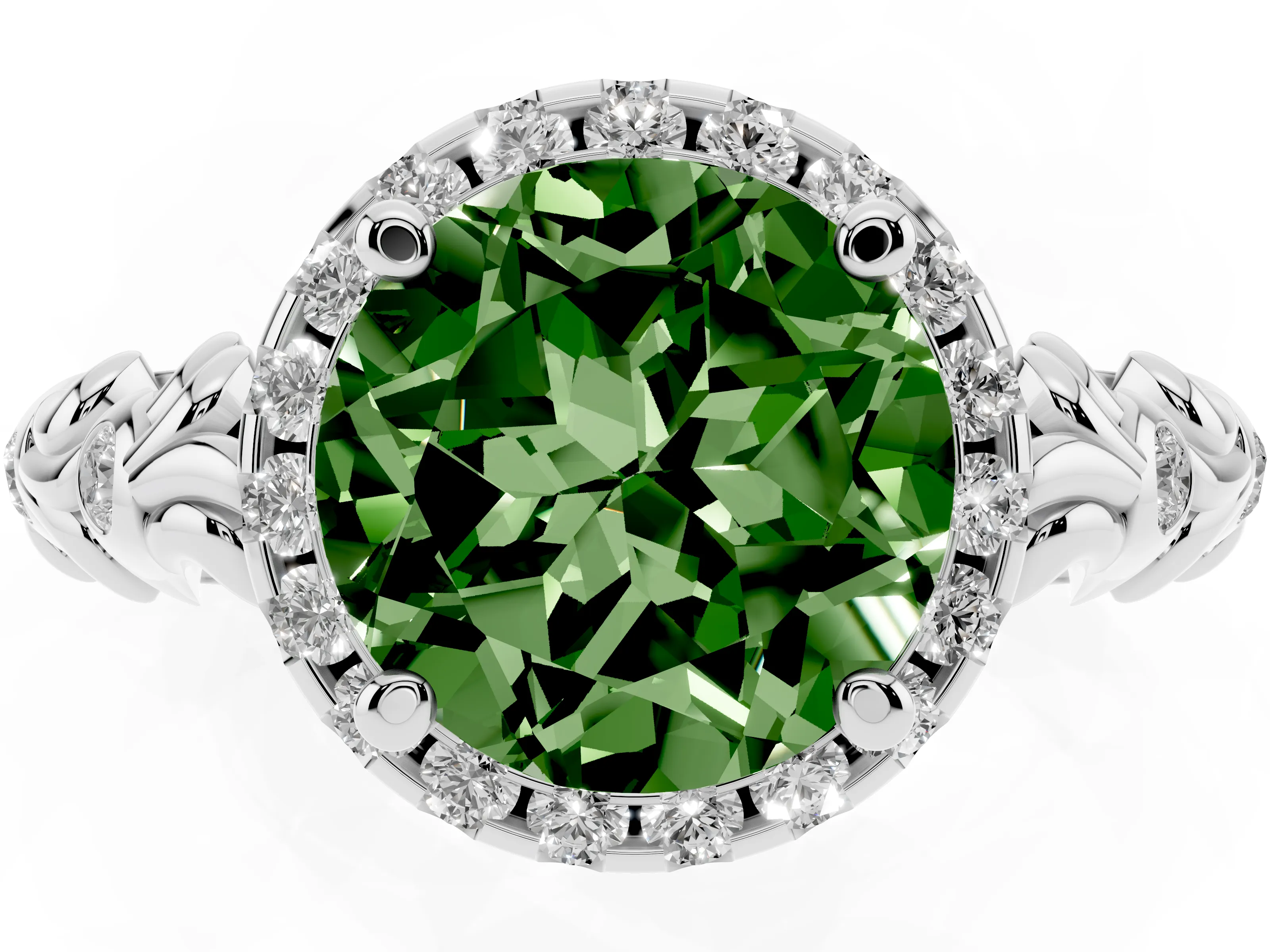 Fancy Green Round Cut Diamond Halo Ring Set in Platinum with Filigree Leaf Band and Prong Setting