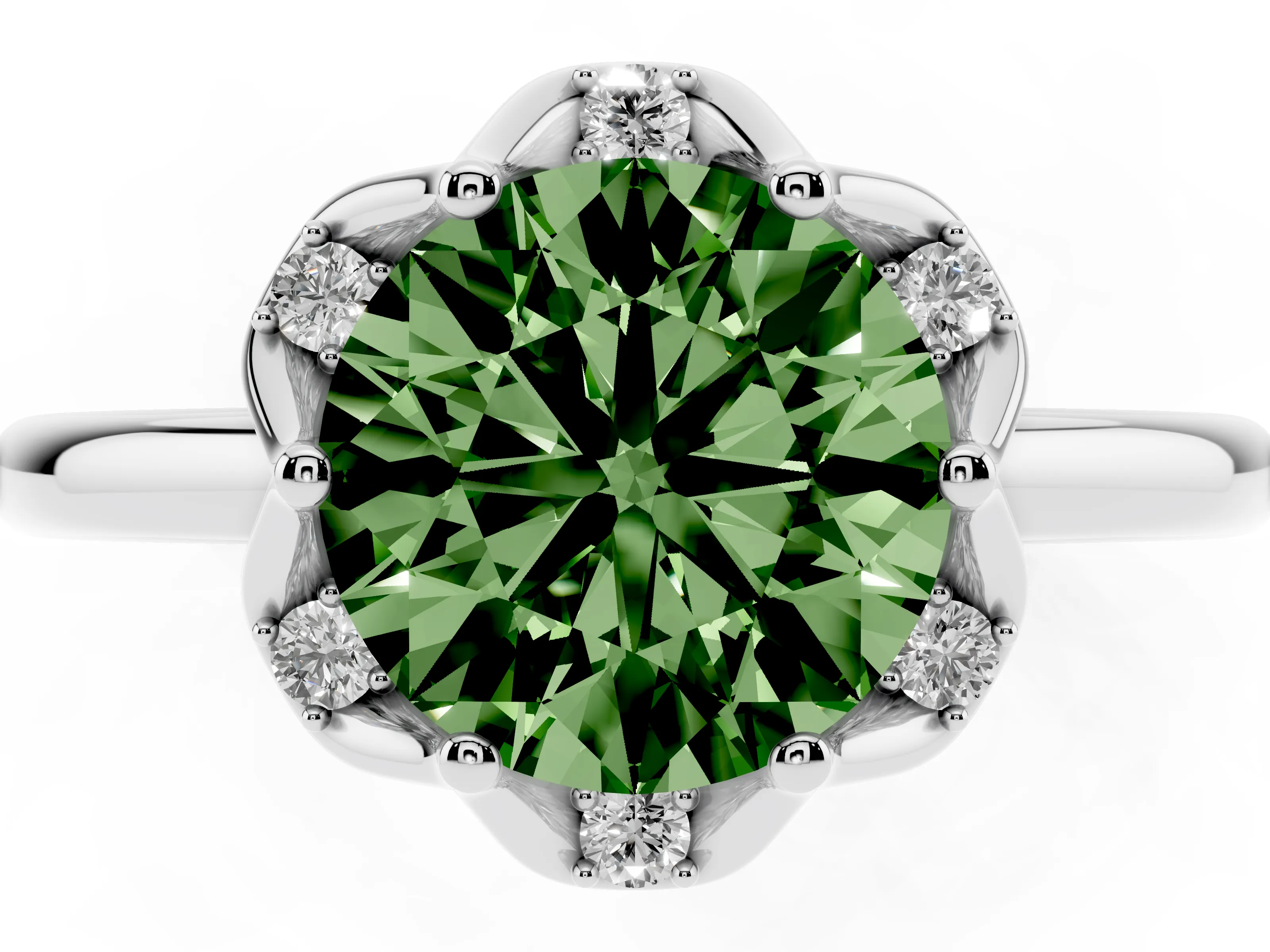 Fancy Green Round Cut Diamond Round Cluster Halo Ring Set in Silver with Solitaire Band and Prong Setting