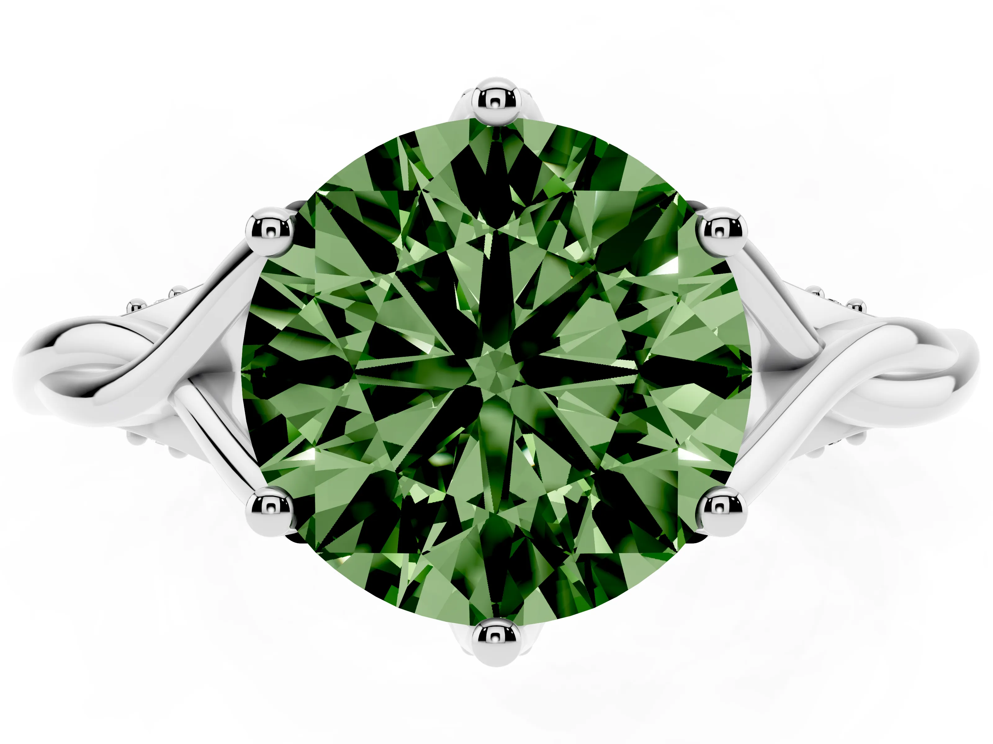 Fancy Green Round Cut Diamond Intertwined Twist Band Solitaire Ring Set in Platinum with Prong Setting