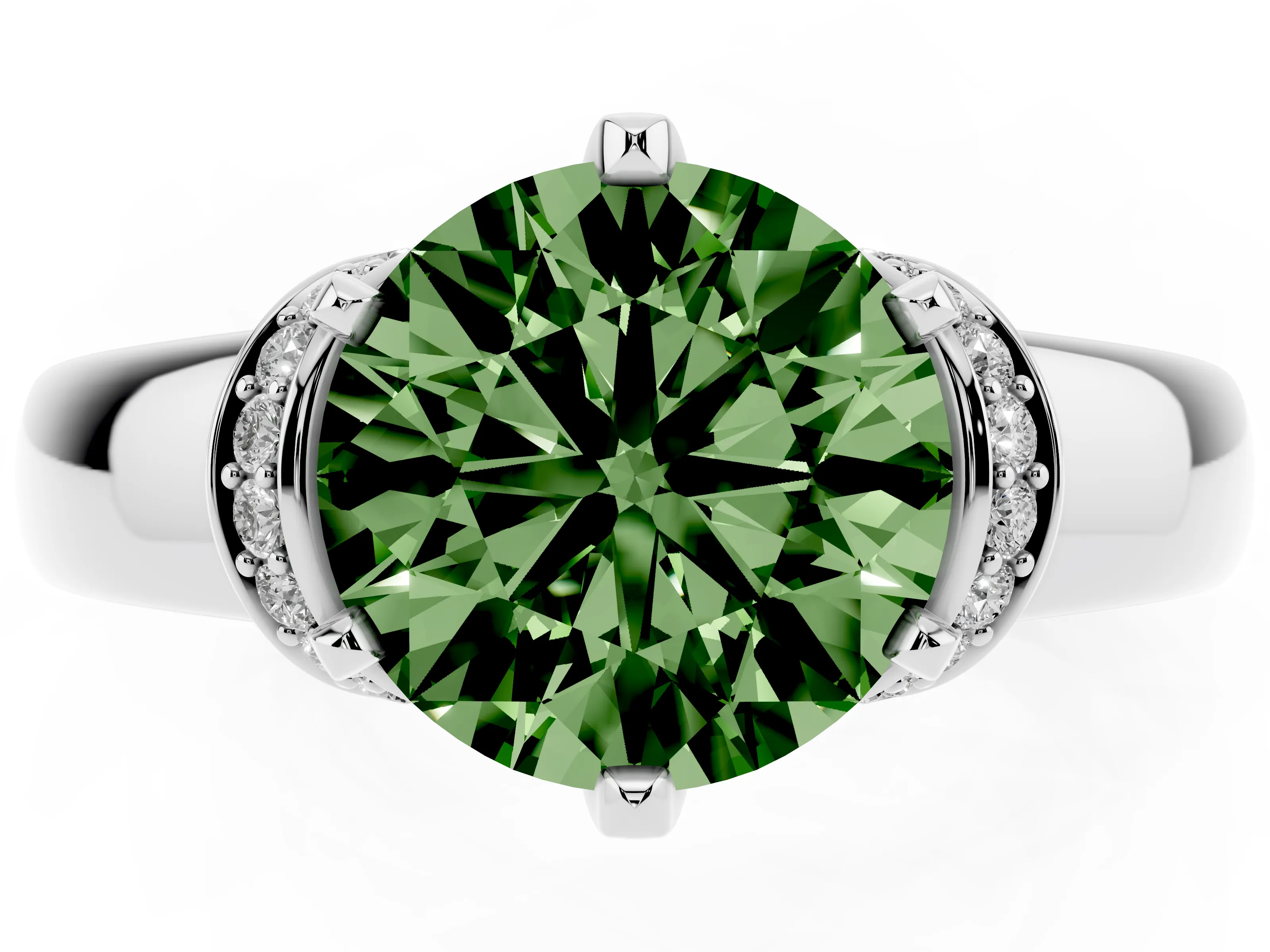 Fancy Green Round Cut Diamond Pavé Band Solitaire Ring Set in Silver with Prong Setting