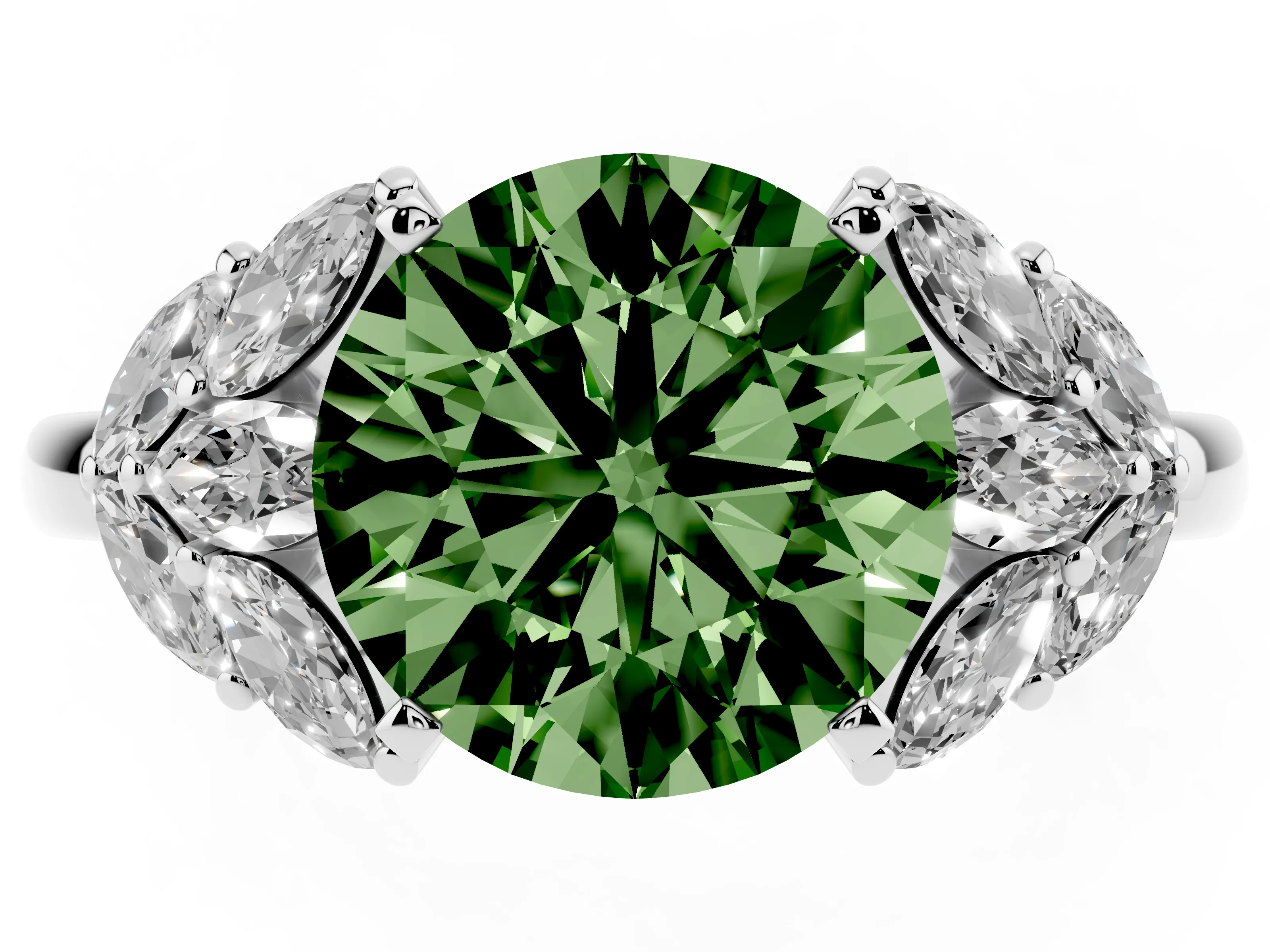 Fancy Green Round Cut Diamond Cluster Leaf Design Ring Set in Silver with Prong Setting