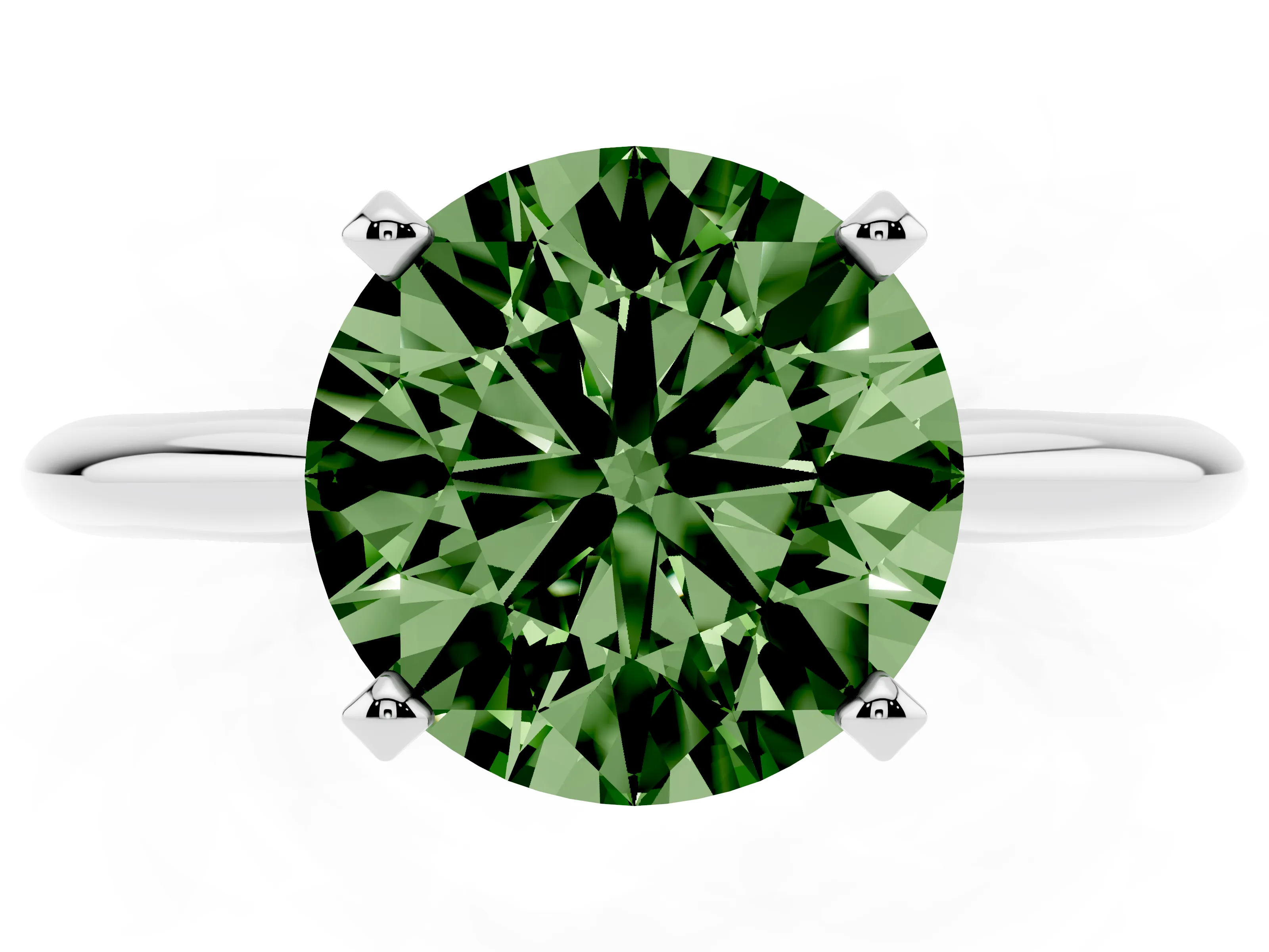 Fancy Green Round Cut Diamond Solitaire Ring Set in Platinum with Prong Setting on a Plain Round Band