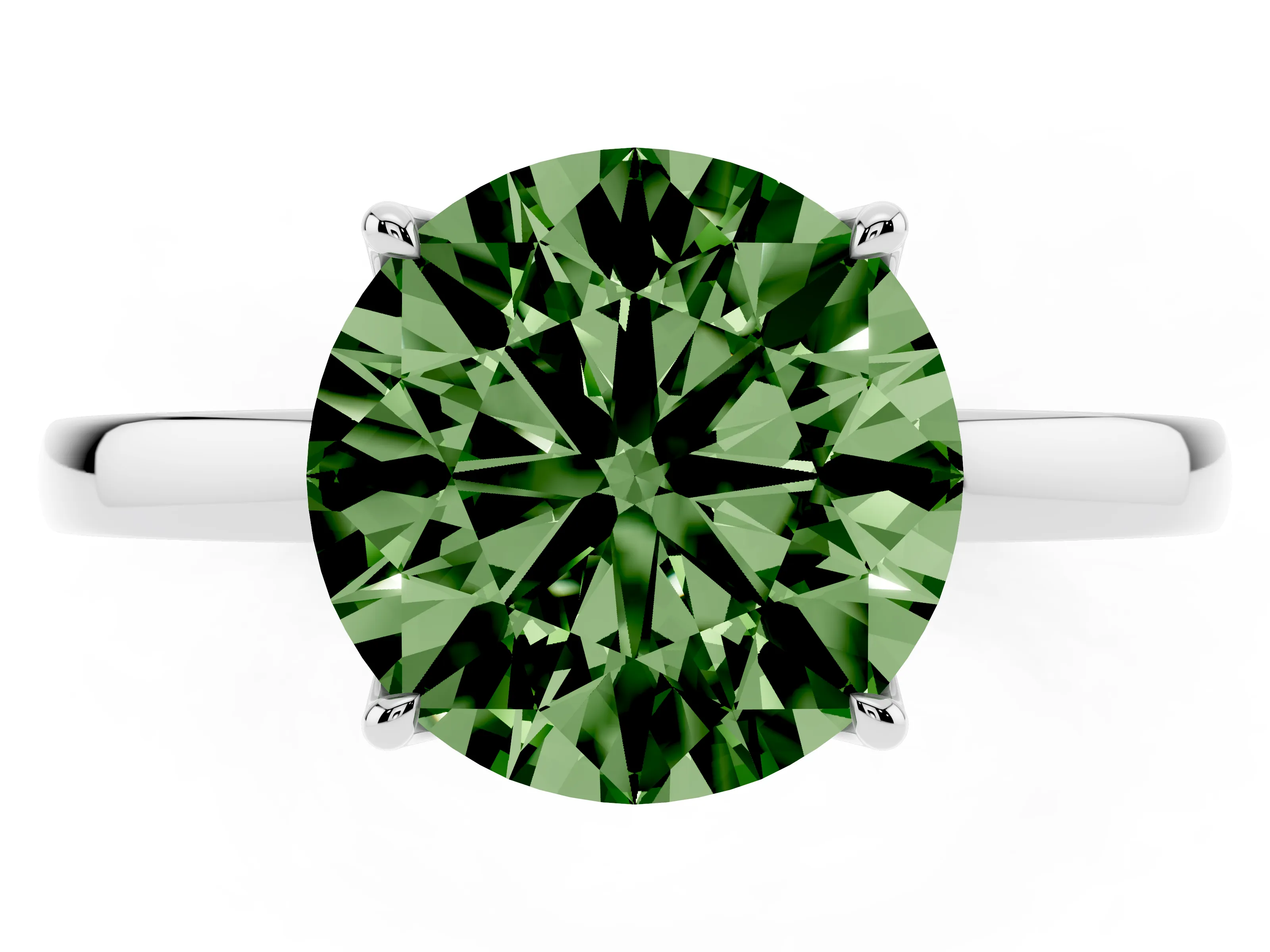 Fancy Green Round Cut Diamond Solitaire Ring Set in White gold with Prong Setting and Thin Polished Band