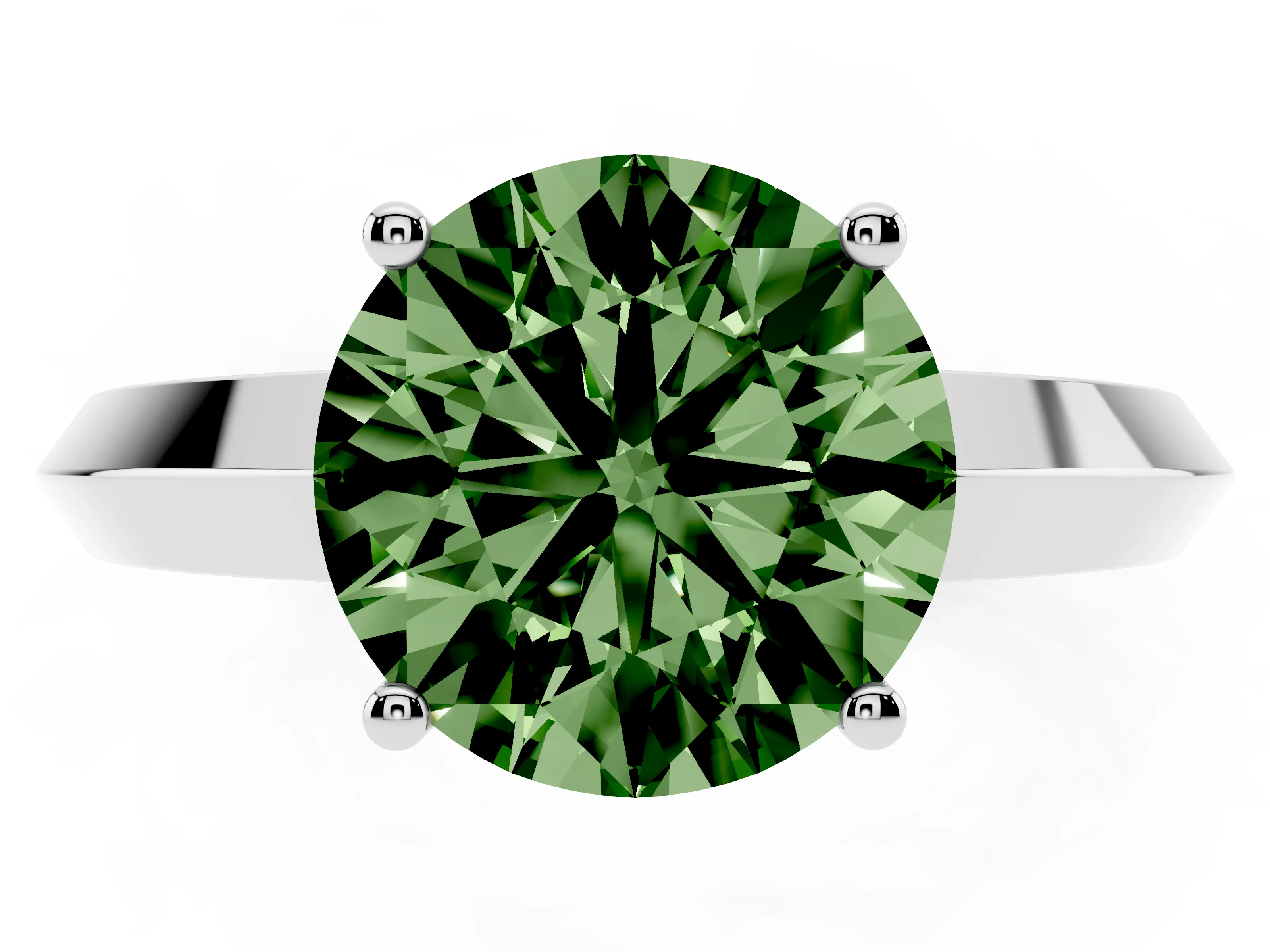 Fancy Green Round Cut Diamond Solitaire Engagement Ring Set in White gold with Flat Band and Prong Setting