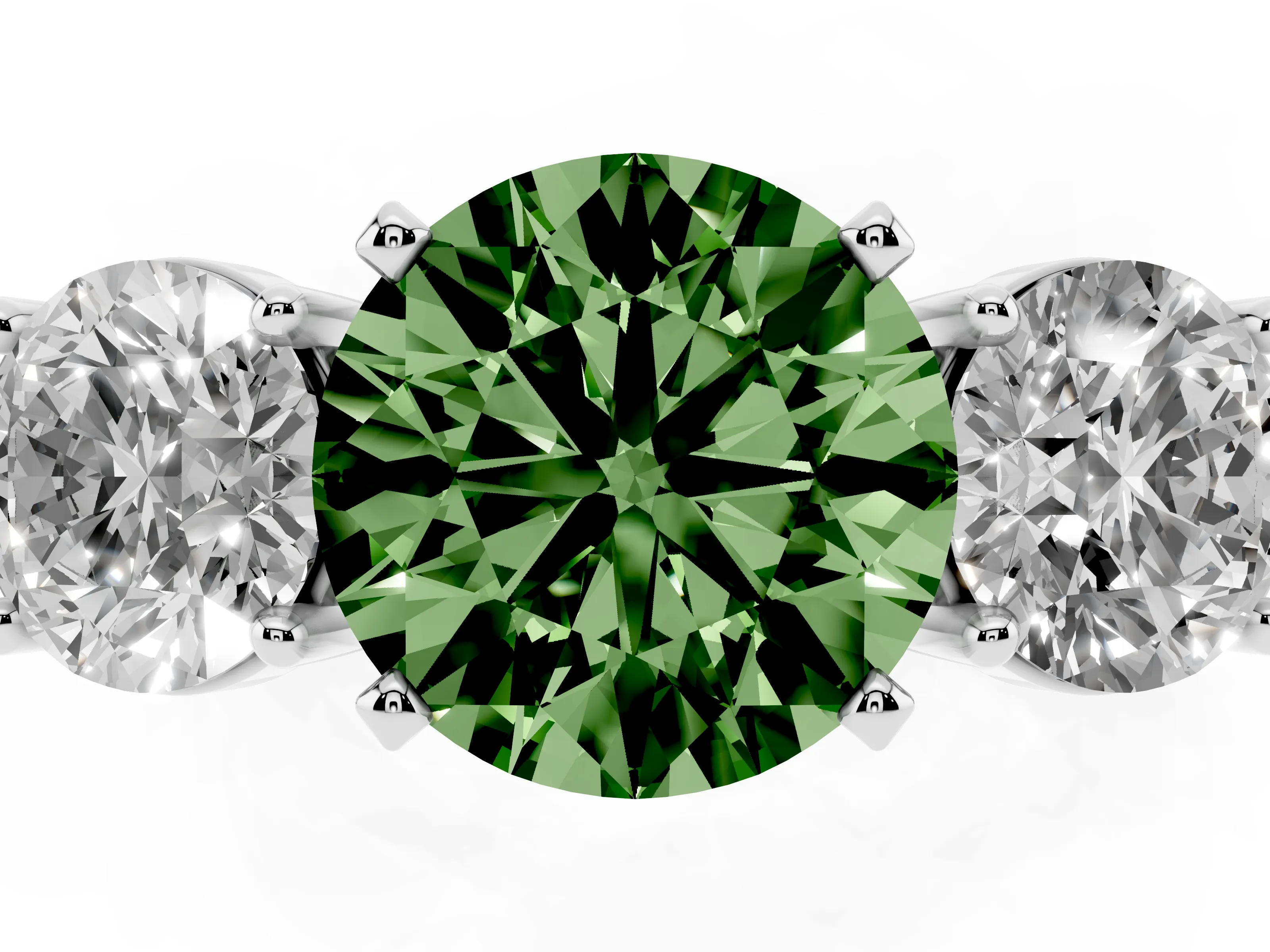 Fancy Green Round Cut Diamond Three-Stone Ring Set in Silver with Round Side Stones and Classic Band