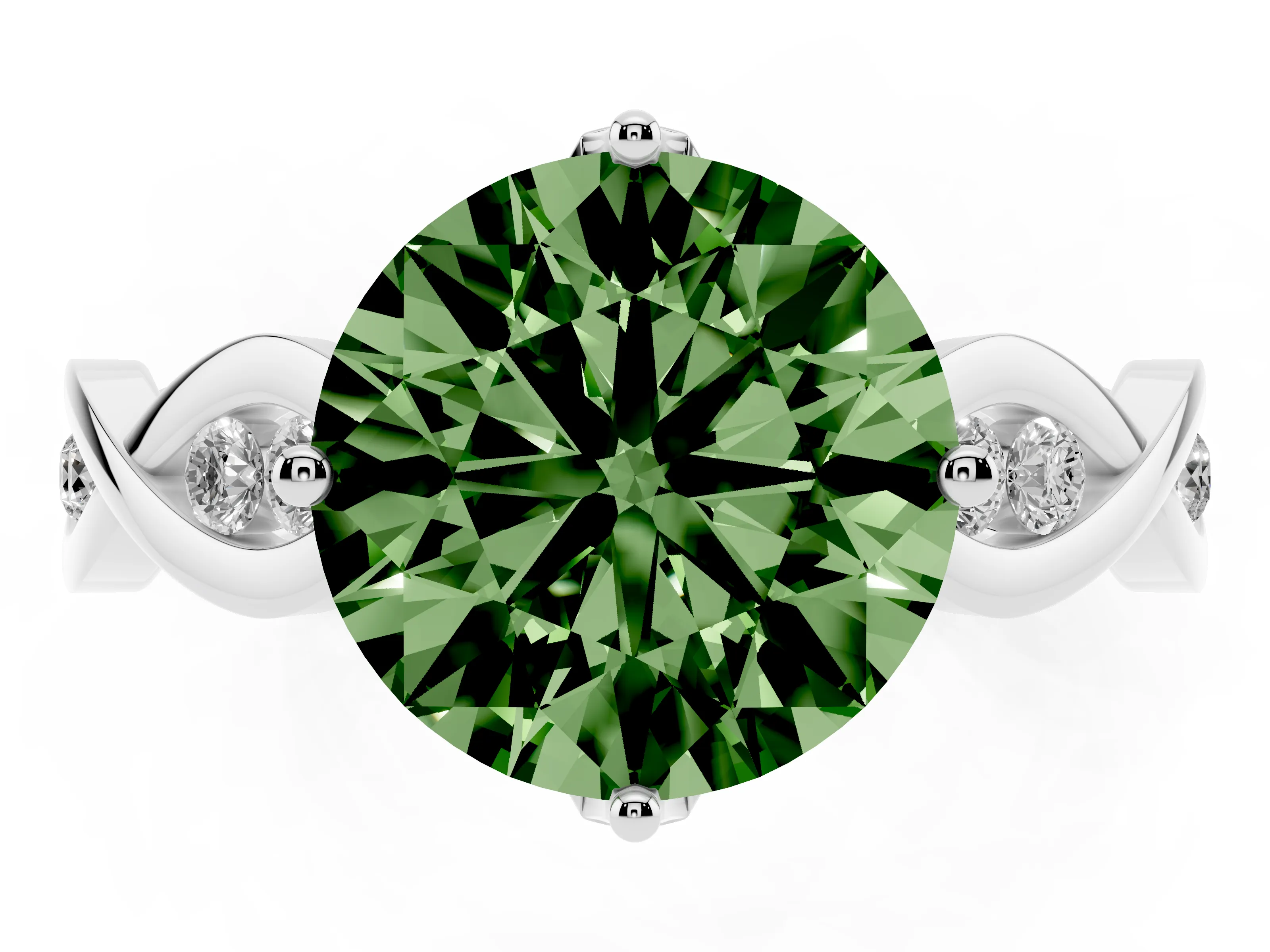 Fancy Green Round Cut Diamond Twist Band Solitaire Ring Set in Silver with Leaf Prong Setting and Accent Stones