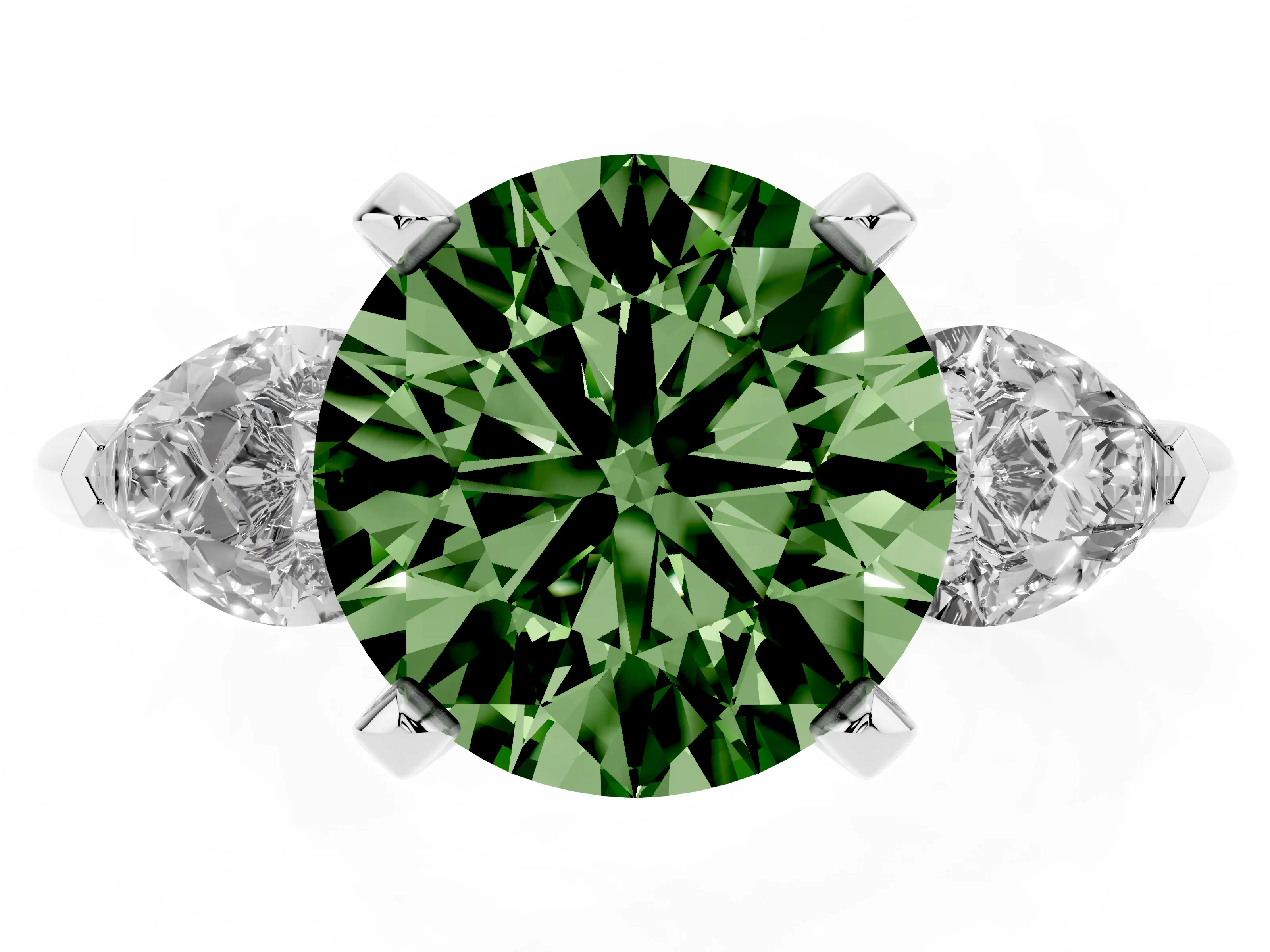 Fancy Green Three-Stone Round Cut Diamond Ring Set in Silver with Pear Side Stones and Prong Setting