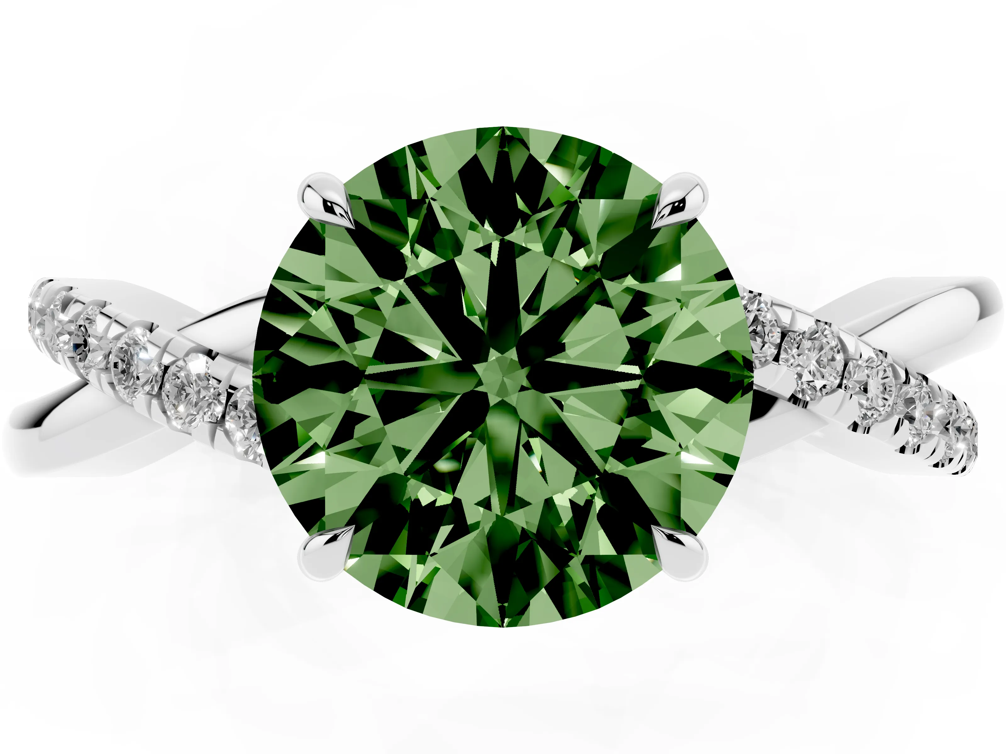 Fancy Green Round Cut Diamond Twisted Pavé Band Ring Set in Silver with Prong Setting