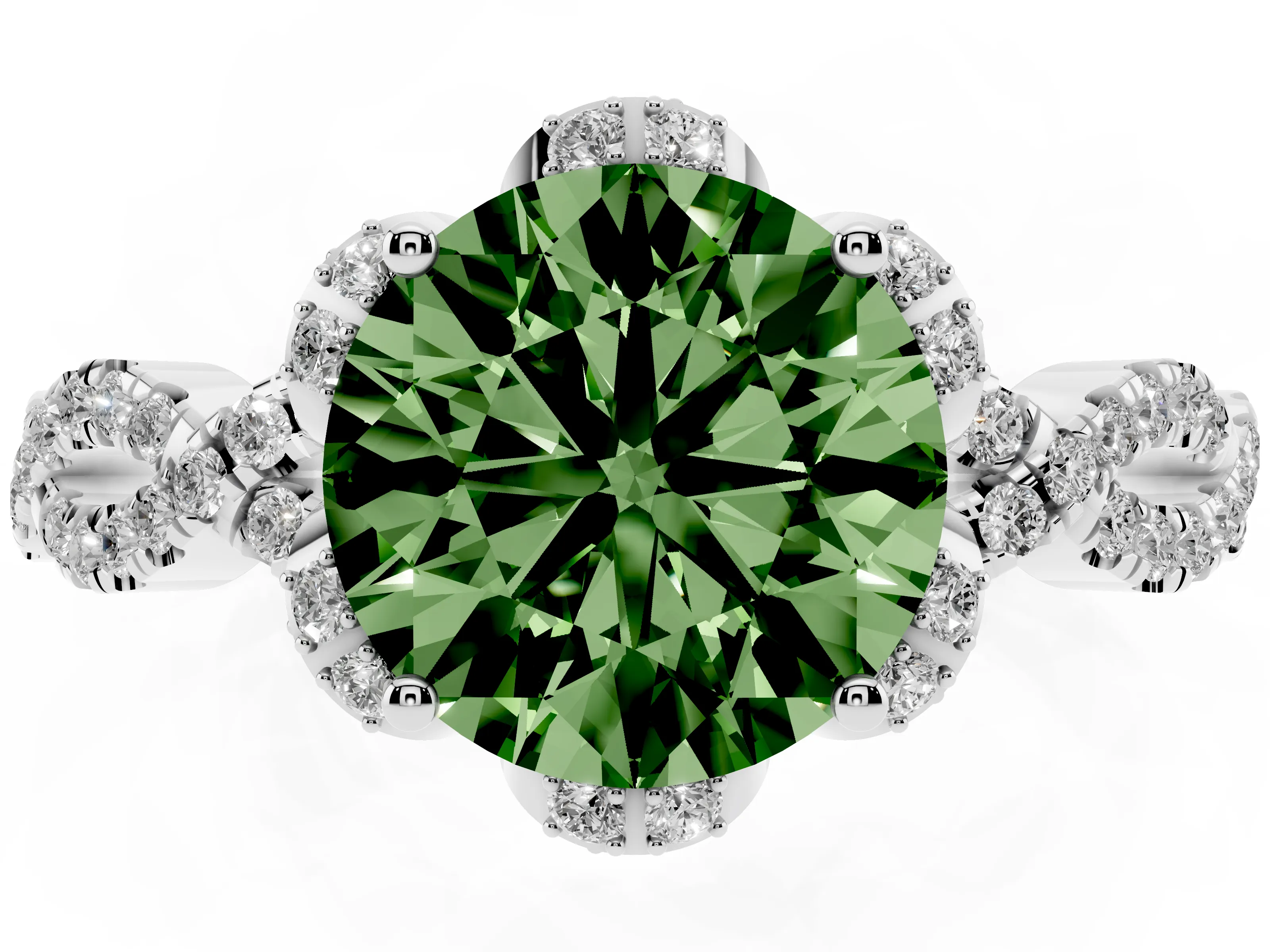 Fancy Green Round Cut Diamond Halo Twist Band Solitaire Ring Set in White gold with Prong-Set Center Stone