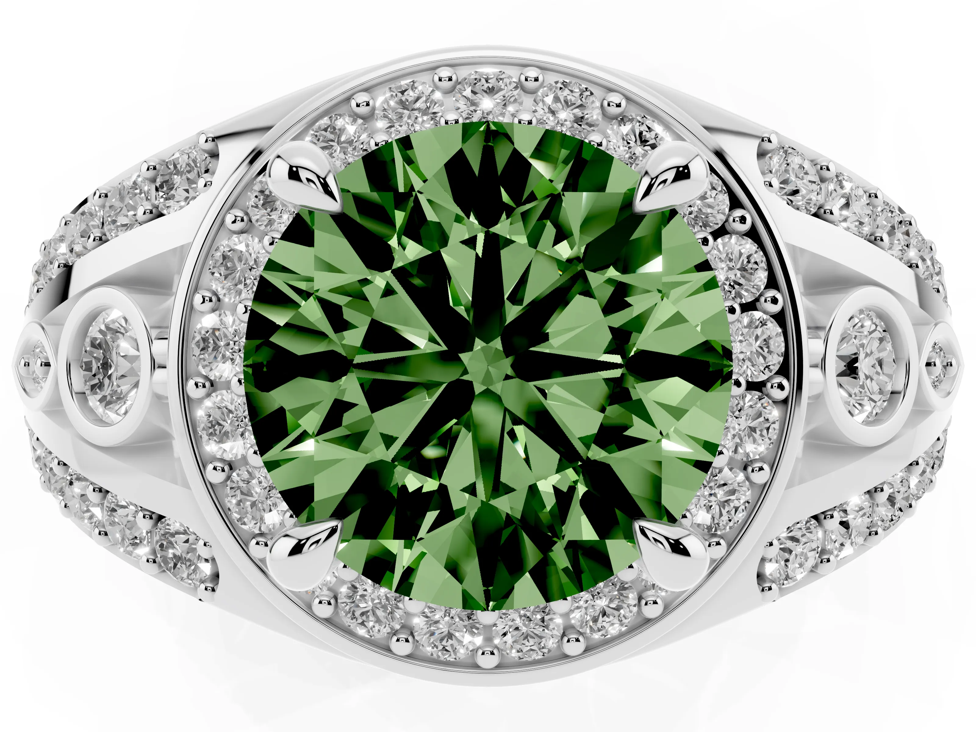 Fancy Green Round Cut Diamond Halo Ring Set in Silver with Pavé Split Shank and Bezel Accents