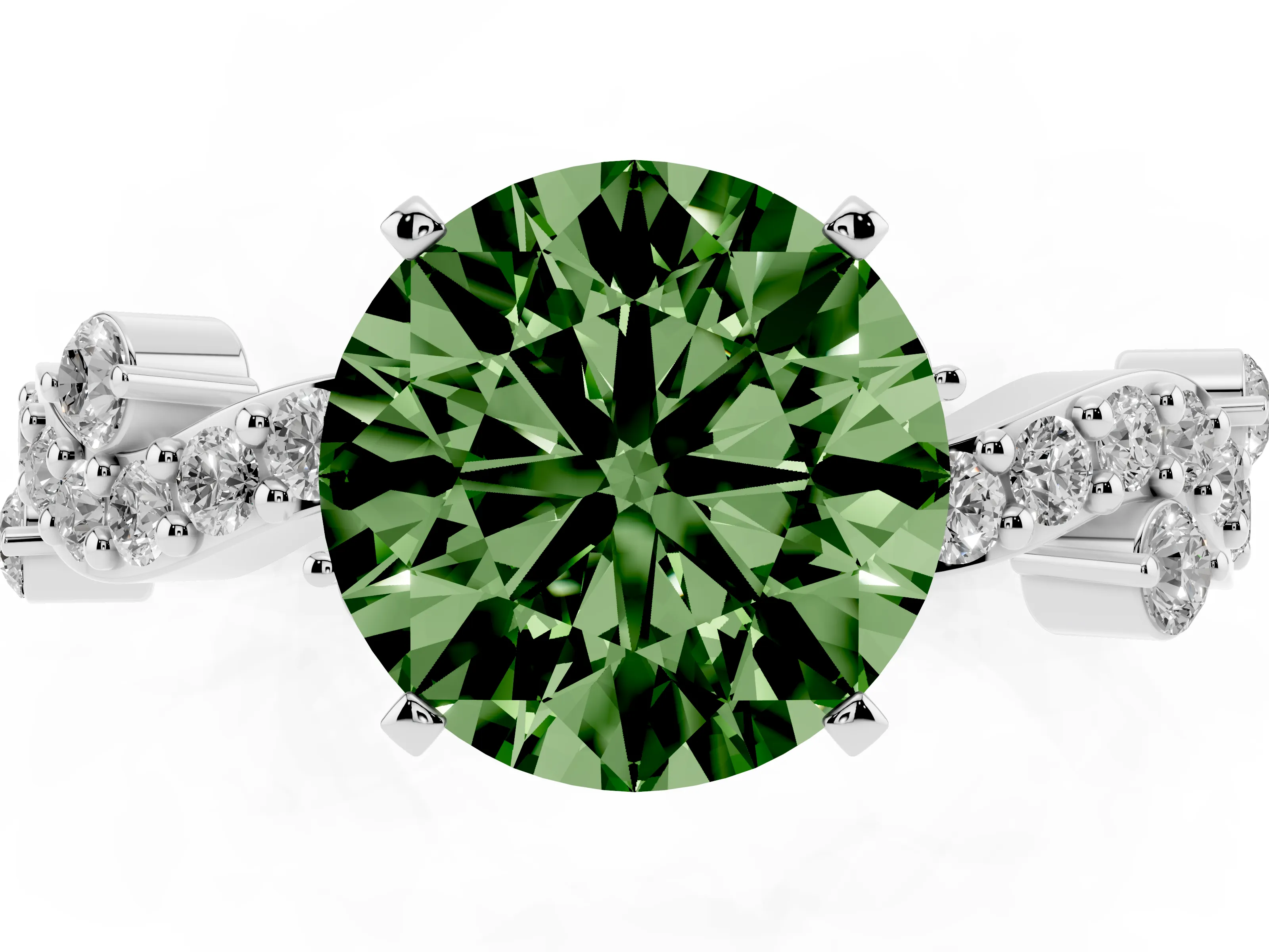 Fancy Green Round Cut Diamond Solitaire Twisted Band Set in Silver with Pavé Setting