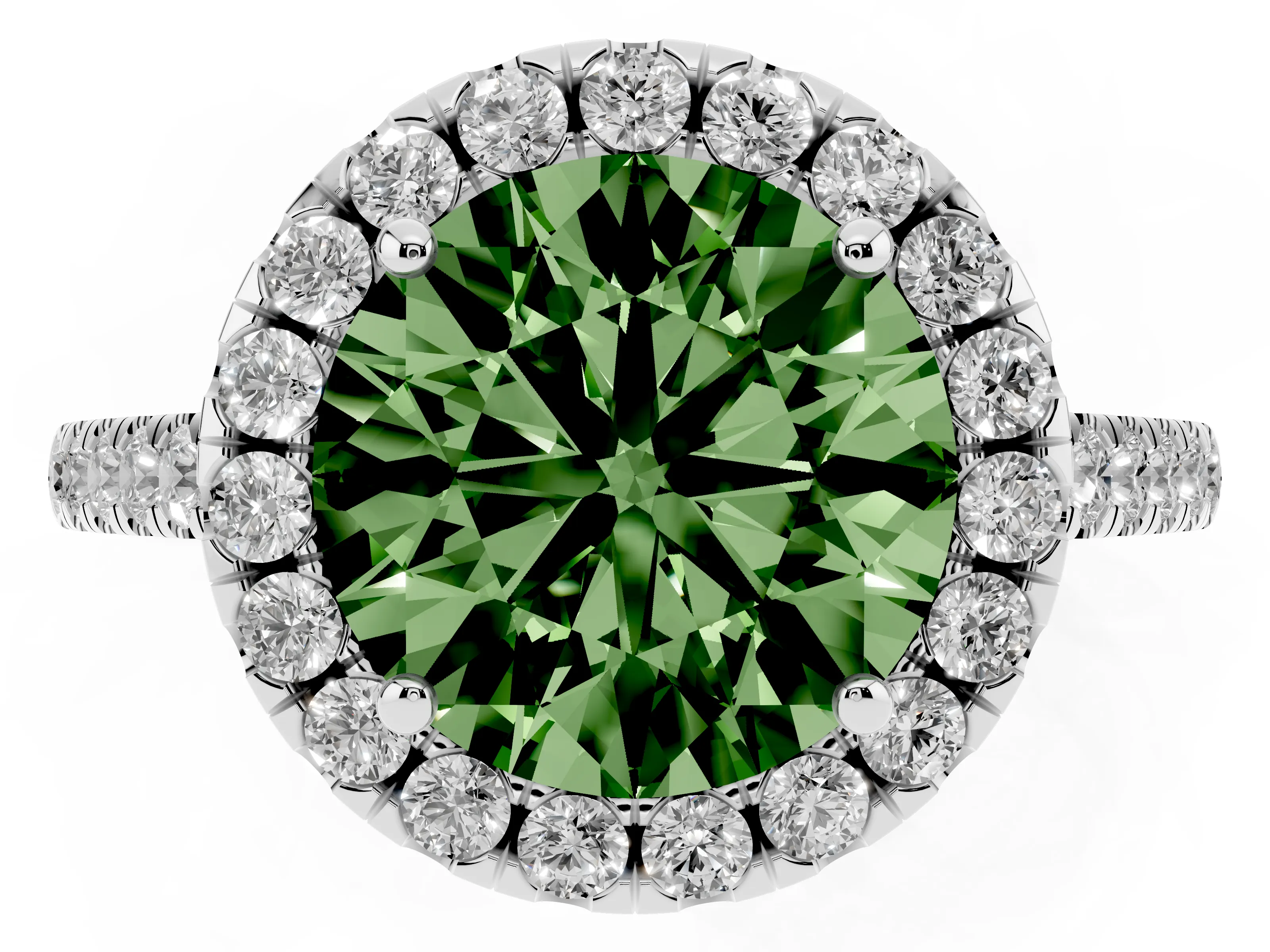 Fancy Green Round Cut Diamond Pavé Halo Engagement Ring Set in Platinum with Pavé Band and Prong Setting