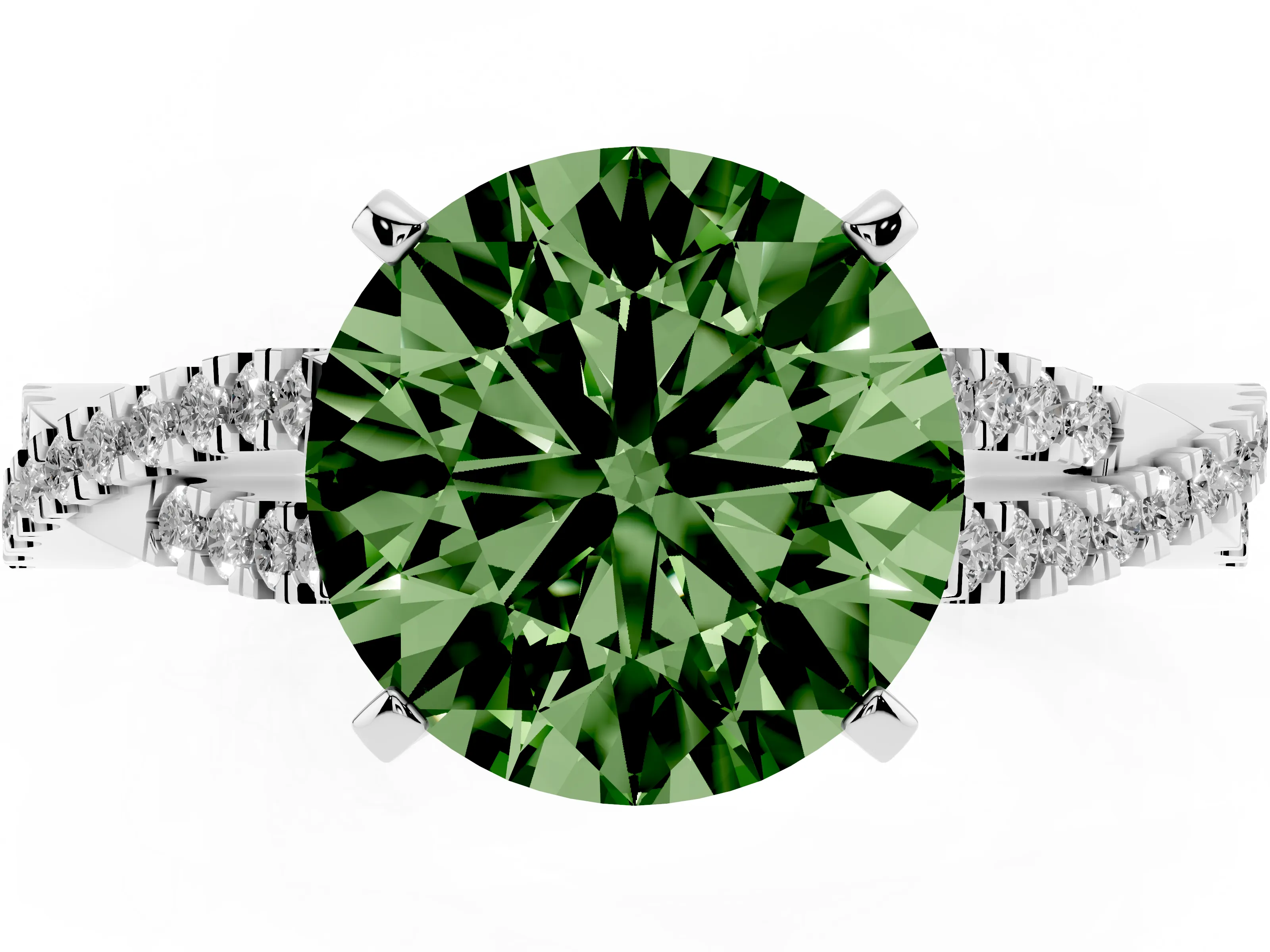 Fancy Green Round Cut Diamond Solitaire Engagement Ring Set in Platinum with Twisted Pavé Band and Prong Setting