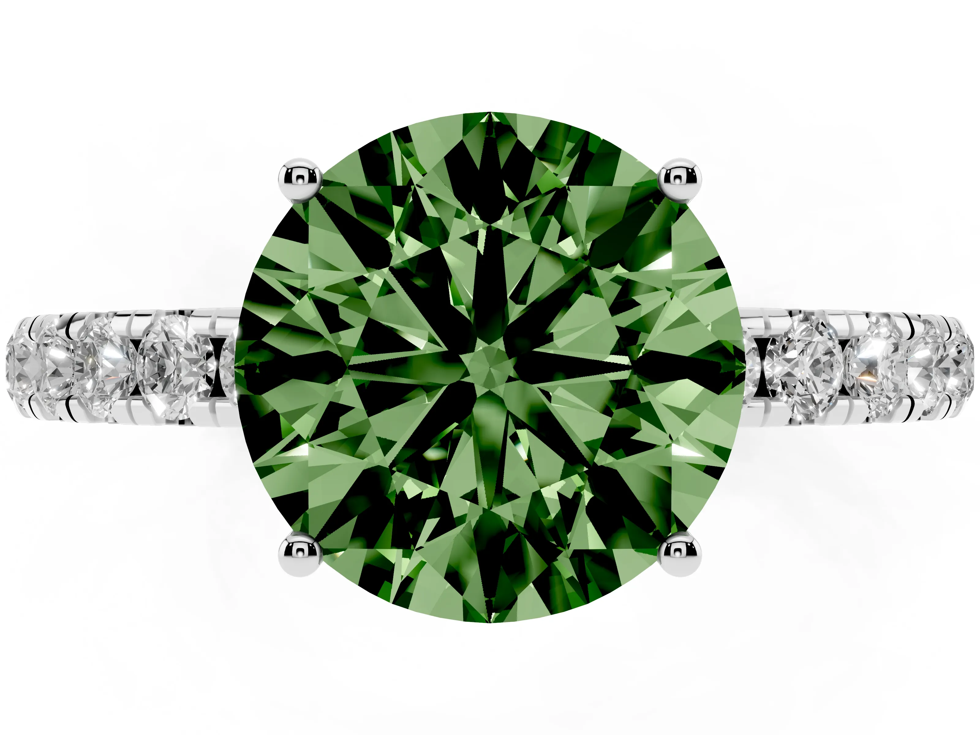 Fancy Green Round Cut Diamond Pavé Solitaire Engagement Ring Set in White gold with Prong Setting