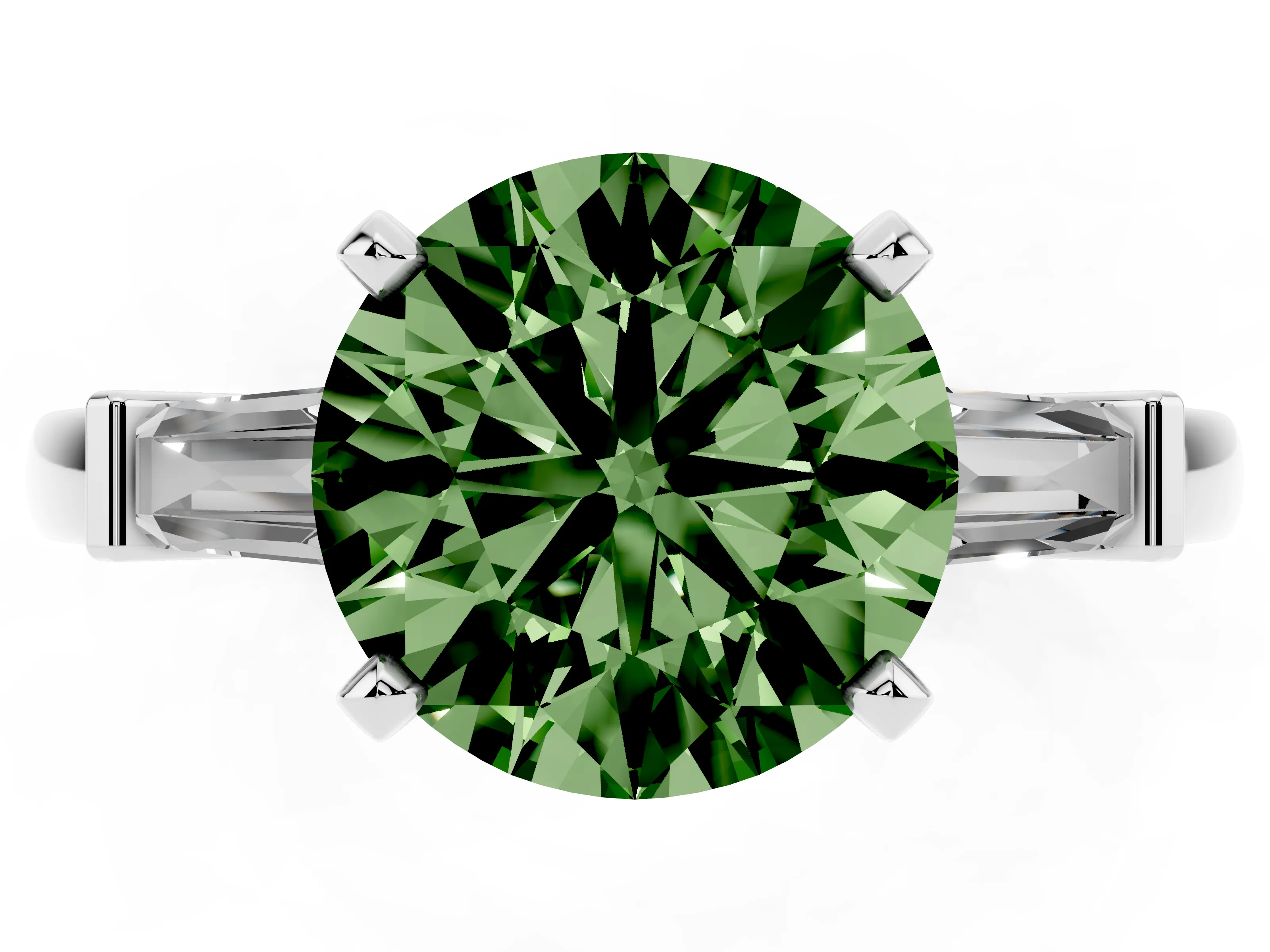 Fancy Green Round Cut Diamond Solitaire Ring Set in Platinum with Tapered Baguette Accents and Prong Setting