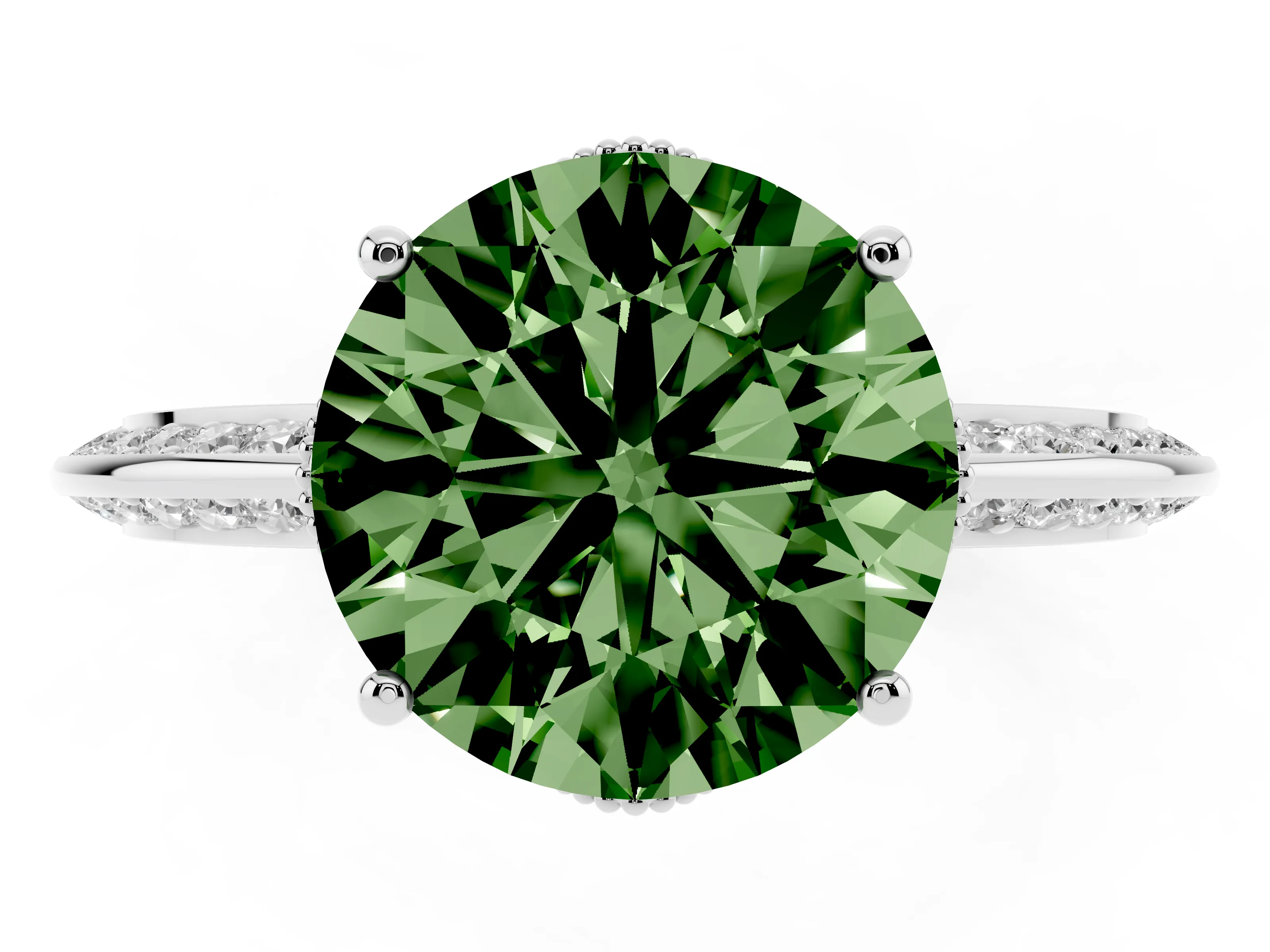Fancy Green Round Cut Diamond Solitaire Engagement Ring Set in Silver with Pavé Split Shank and Prong Setting