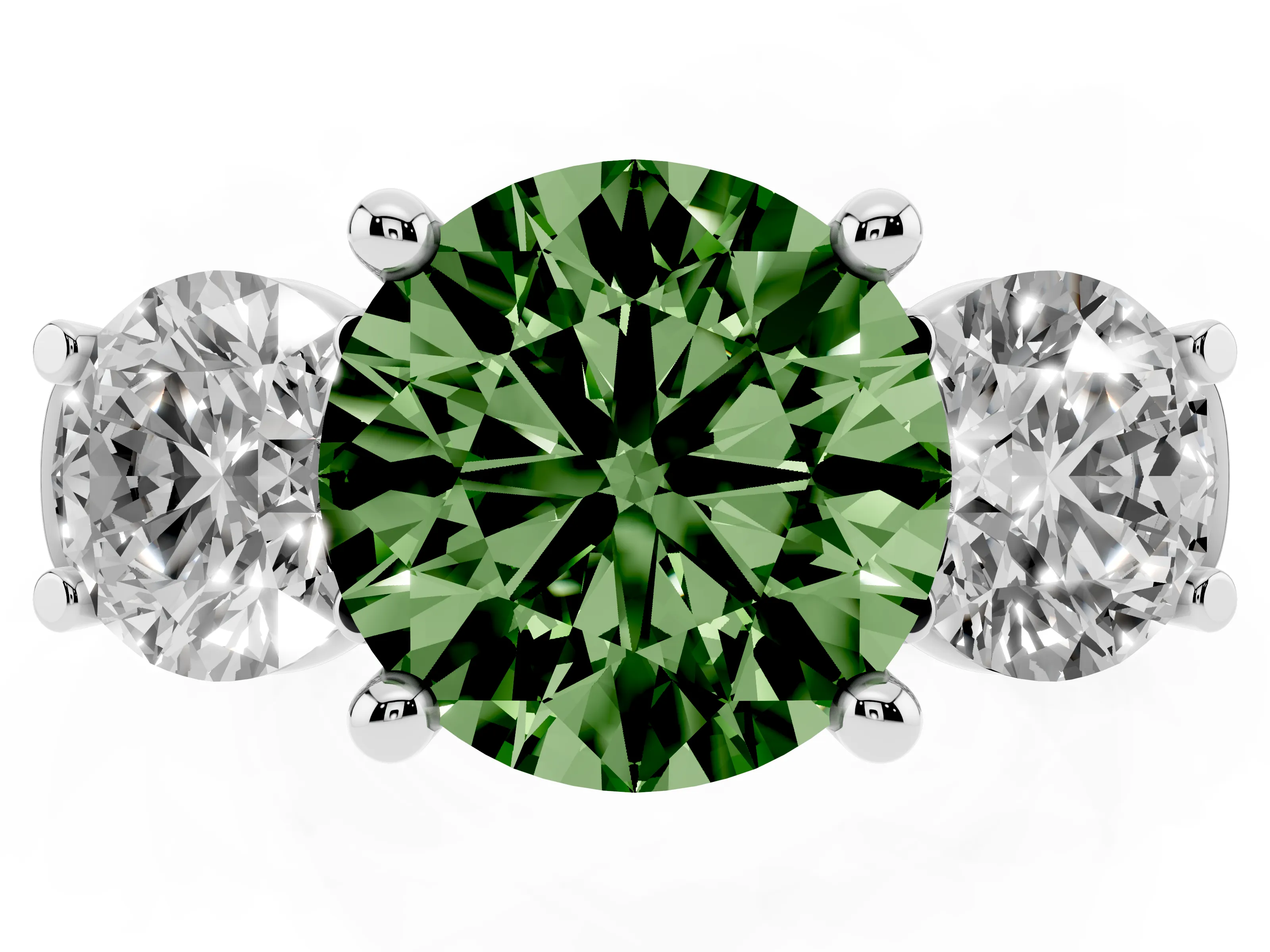 Fancy Green Round Cut Diamond Three-Stone Trellis Ring Set in Platinum with Comfort Fit Band