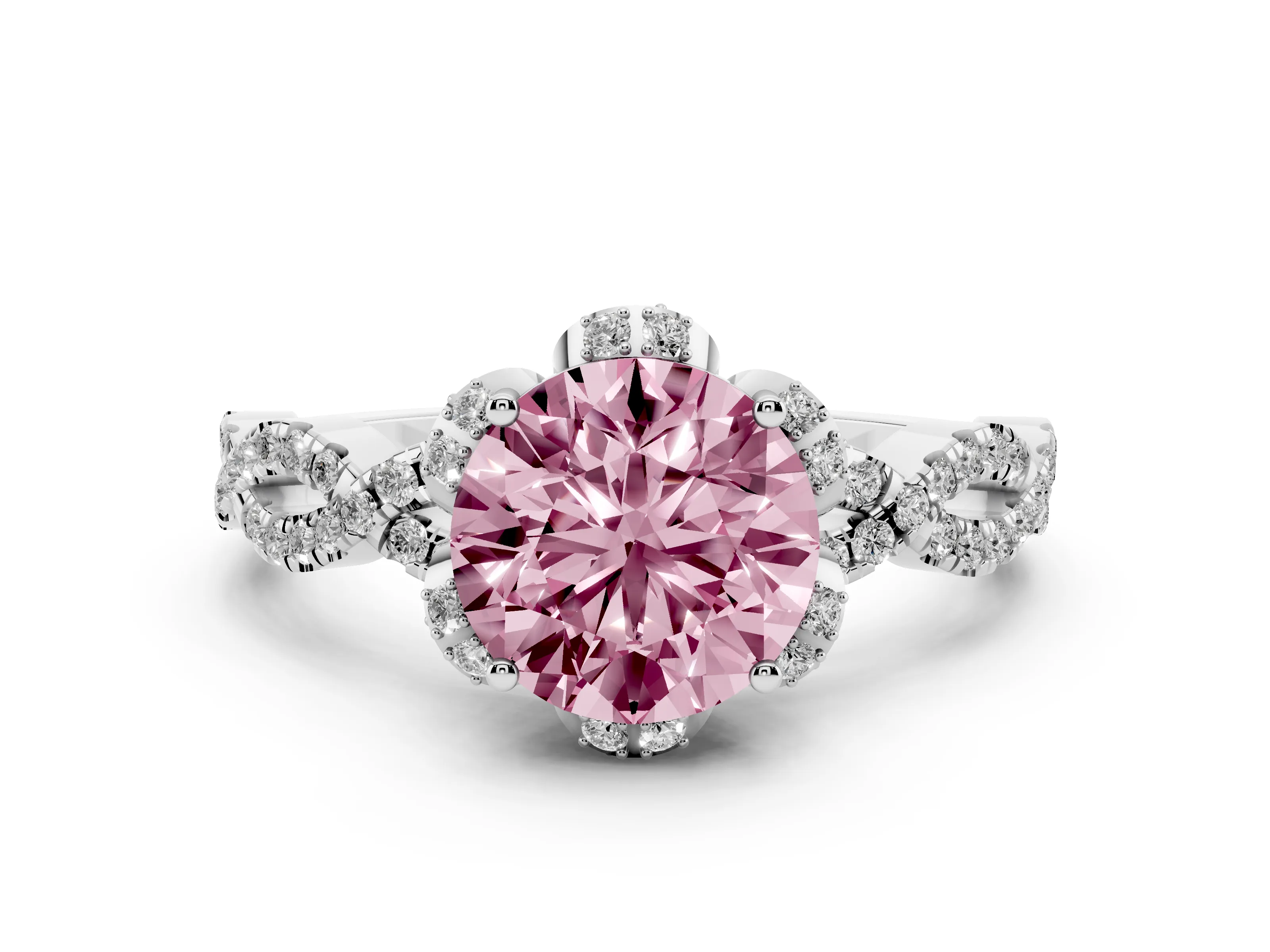 Fancy Pink Round Cut Diamond Halo Twist Band Solitaire Ring Set in Platinum with Prong-Set Center Stone