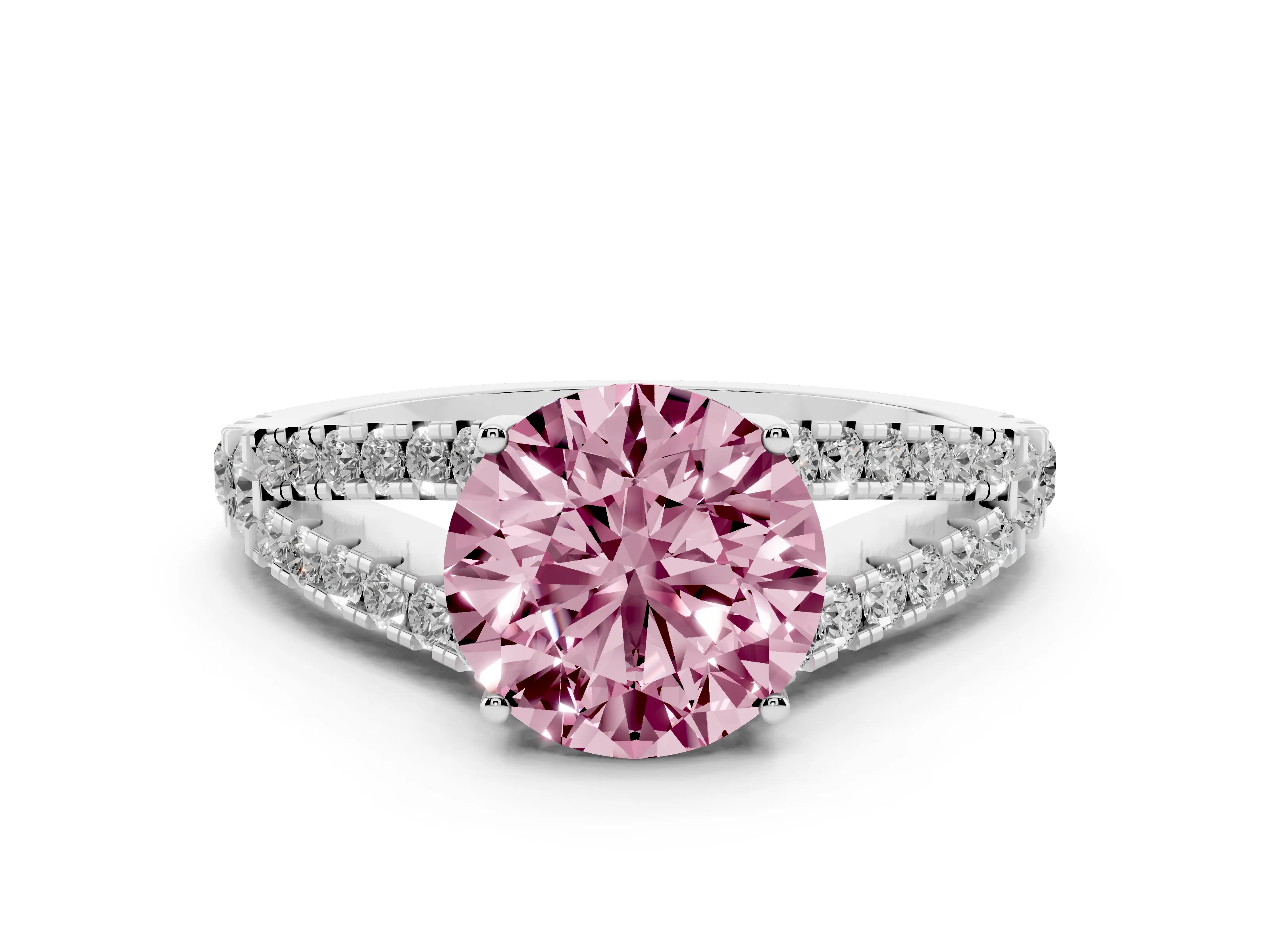 Fancy Pink Round Cut Diamond Split Shank Pavé Engagement Ring Set in Platinum with Prong-Held Center Stone