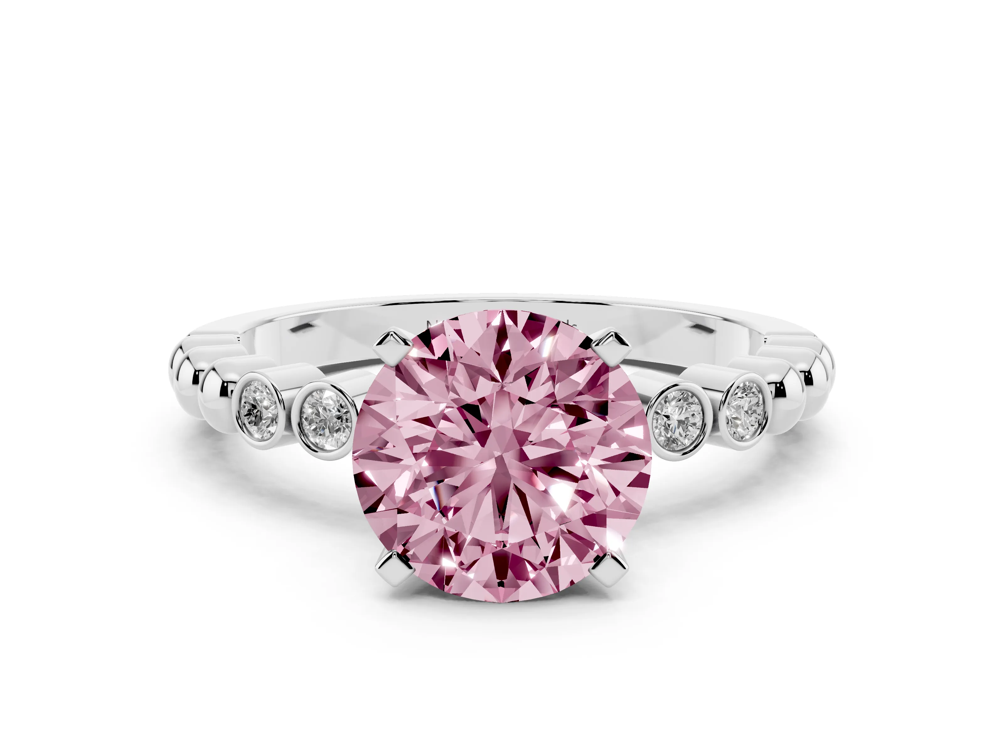 Fancy Pink Round Cut Diamond Solitaire Engagement Ring Set in Platinum with Bezel Accents on Beaded Band