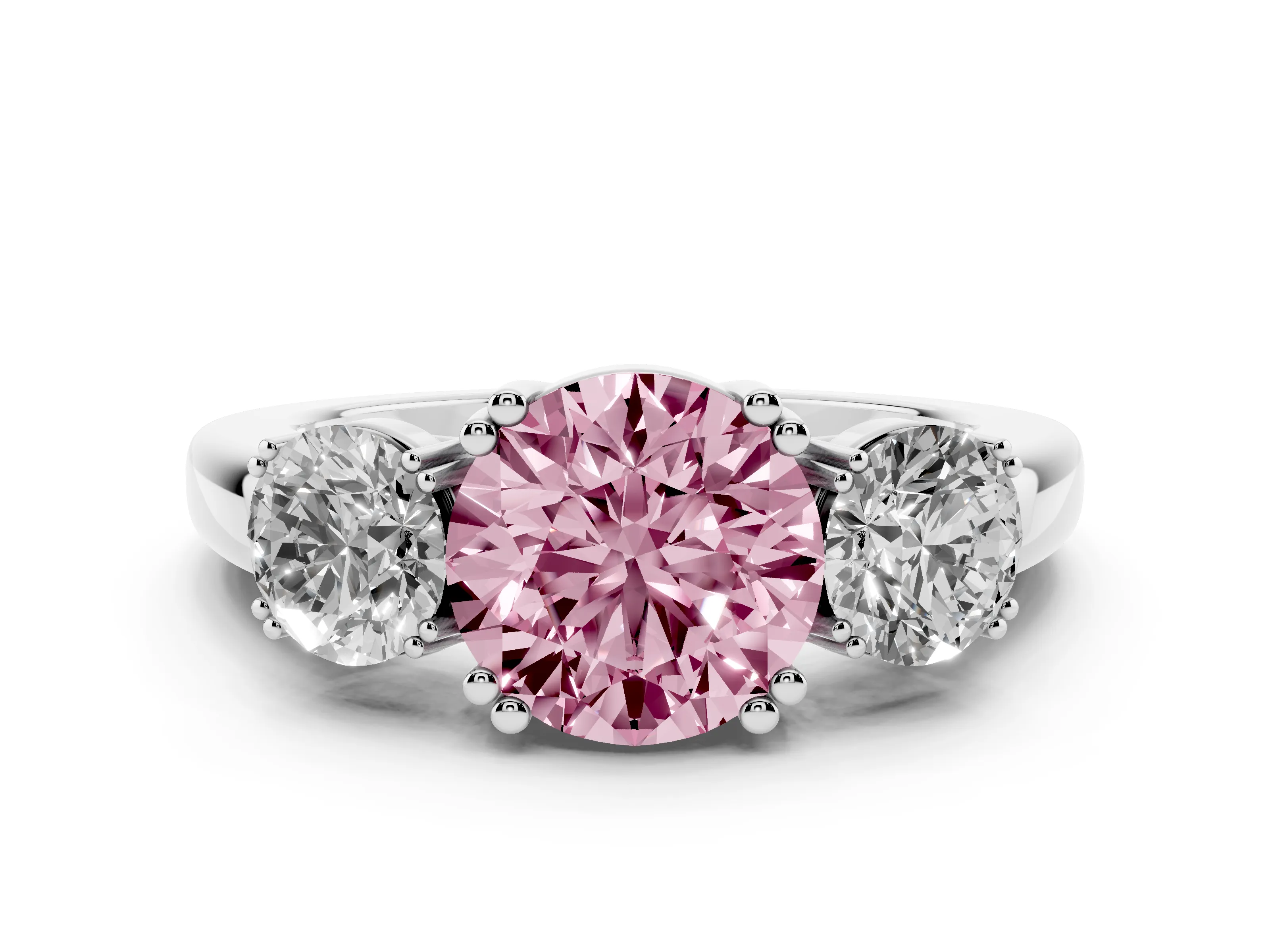 Fancy Pink Round Cut Diamond Three-Stone Ring Set in White gold with Polished Channel-Set Band