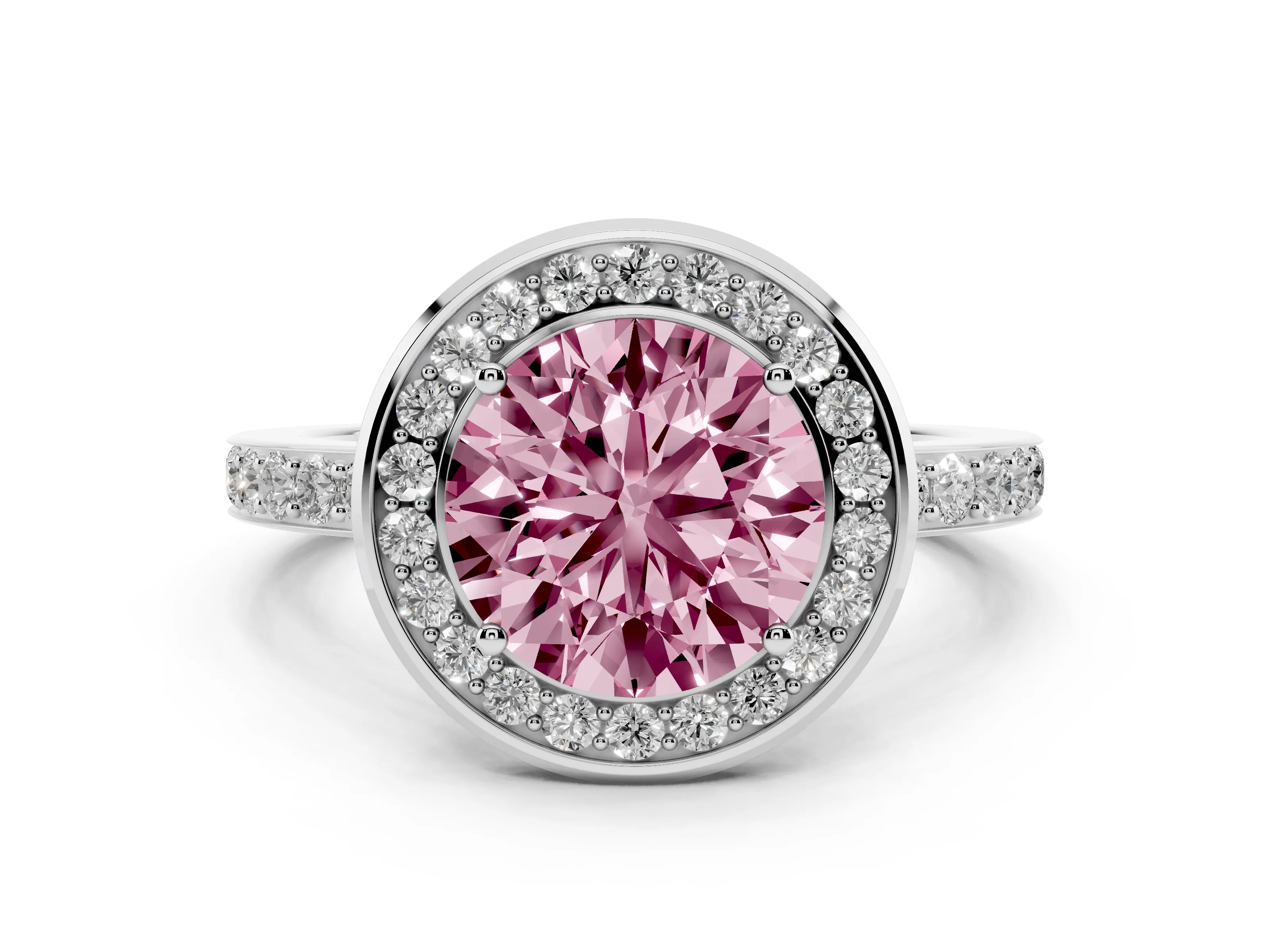 Fancy Pink Round Cut Diamond Halo Ring Set in Silver with Bezel Frame and Pavé Band