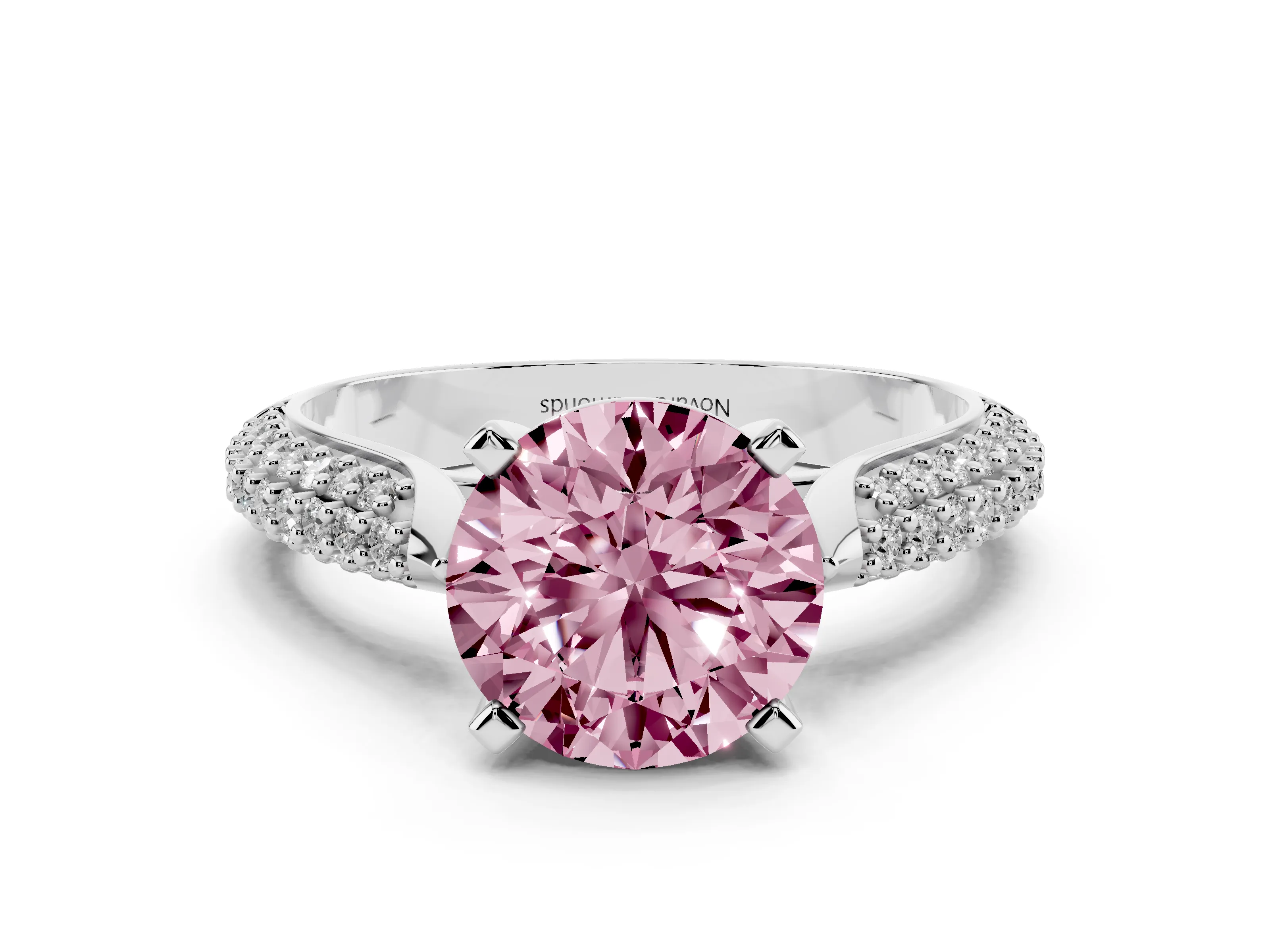 Fancy Pink Round Cut Diamond Solitaire Engagement Ring Set in Platinum with Multi-Row Round Pavé Band and Prong Setting