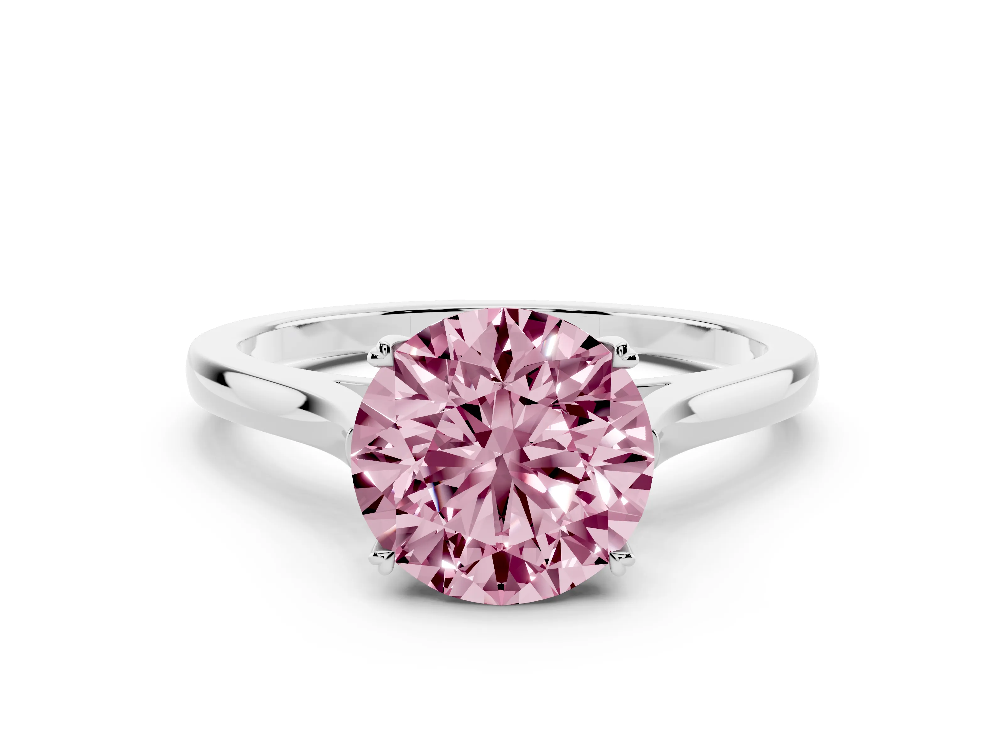 Fancy Pink Round Cut Diamond Solitaire Heart Prong Engagement Ring Set in Platinum with Tapered Band