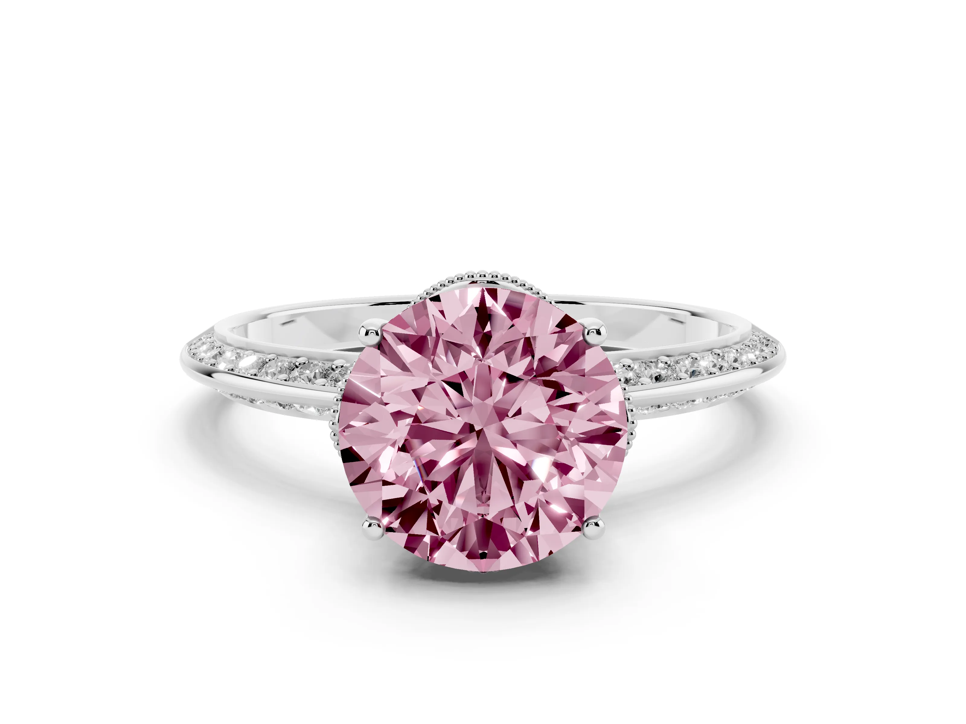 Fancy Pink Round Cut Diamond Solitaire Engagement Ring Set in Silver with Pavé Split Shank and Prong Setting