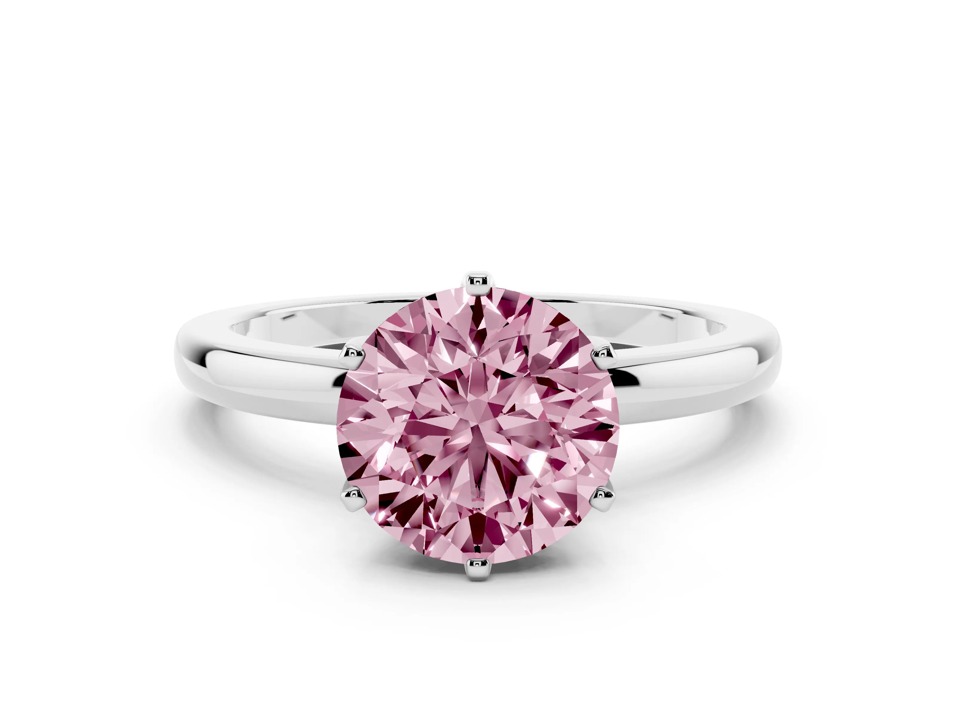 Fancy Pink Round Cut Diamond Solitaire Ring Set in Silver with Raised Prong Setting on a Classic Band