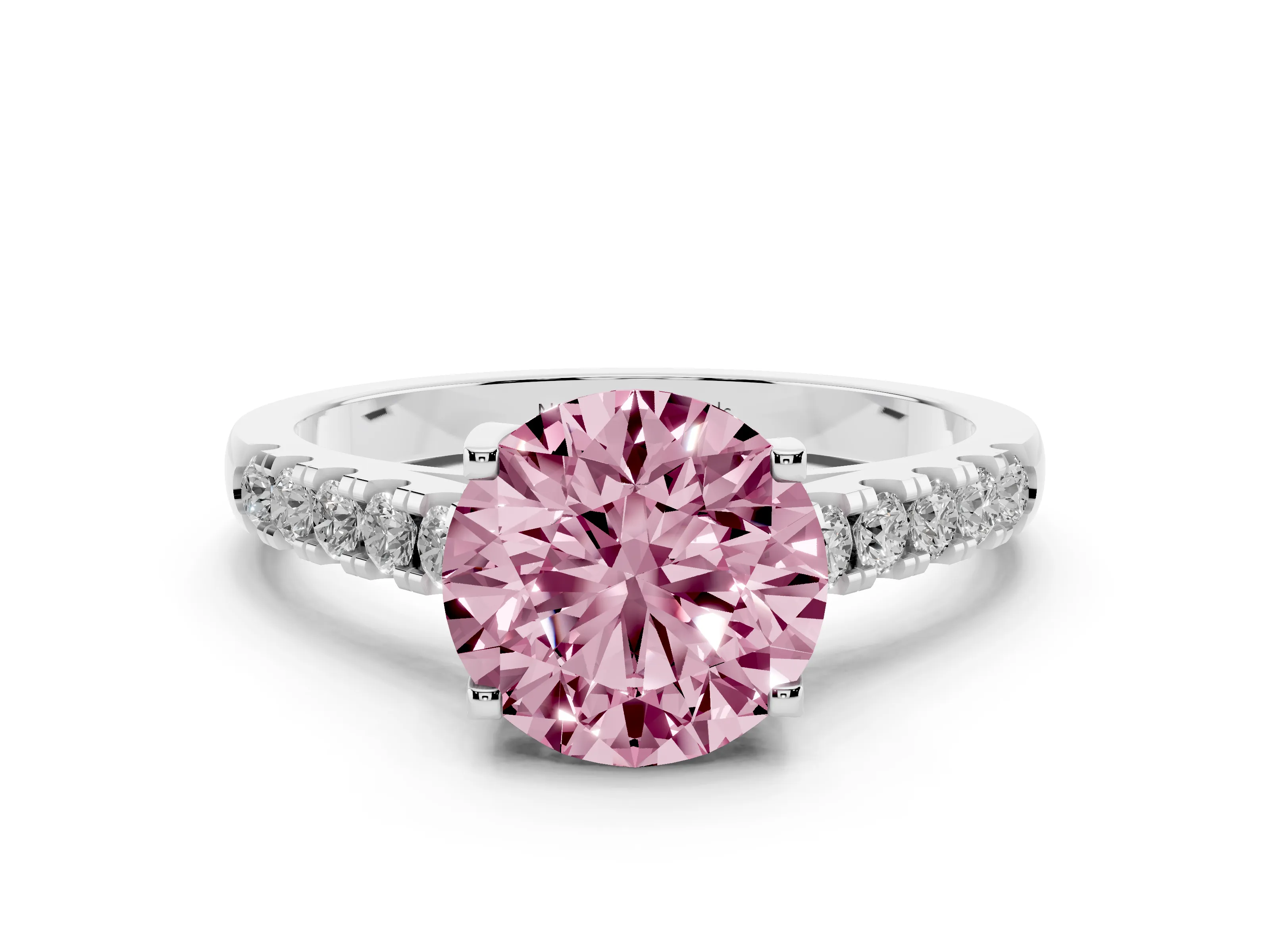 Fancy Pink Round Cut Diamond Pavé Band Solitaire Ring Set in White gold with Partway Accent Stones and Prong Setting