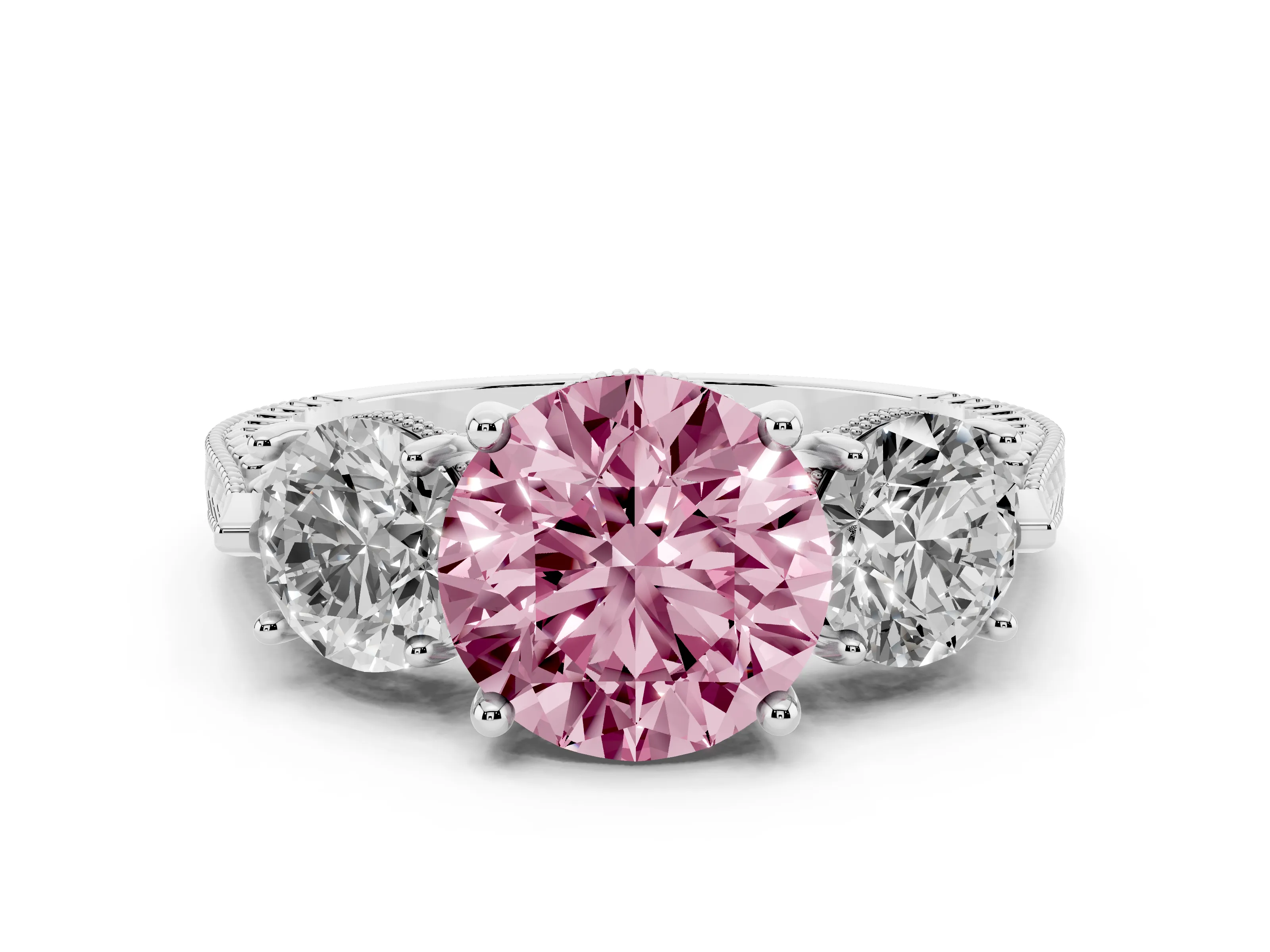Fancy Pink Round Cut Diamond Three-Stone Ring Set in Platinum with Milgrain Band