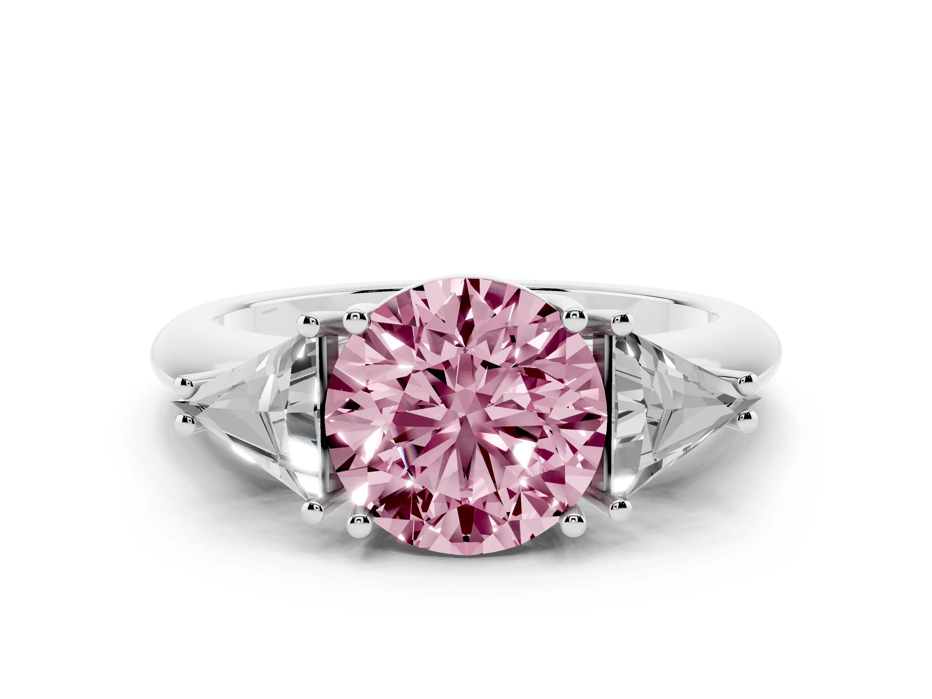 Fancy Pink Round Cut Diamond Three-Stone Engagement Ring Set in Platinum with Trillion Side Stones
