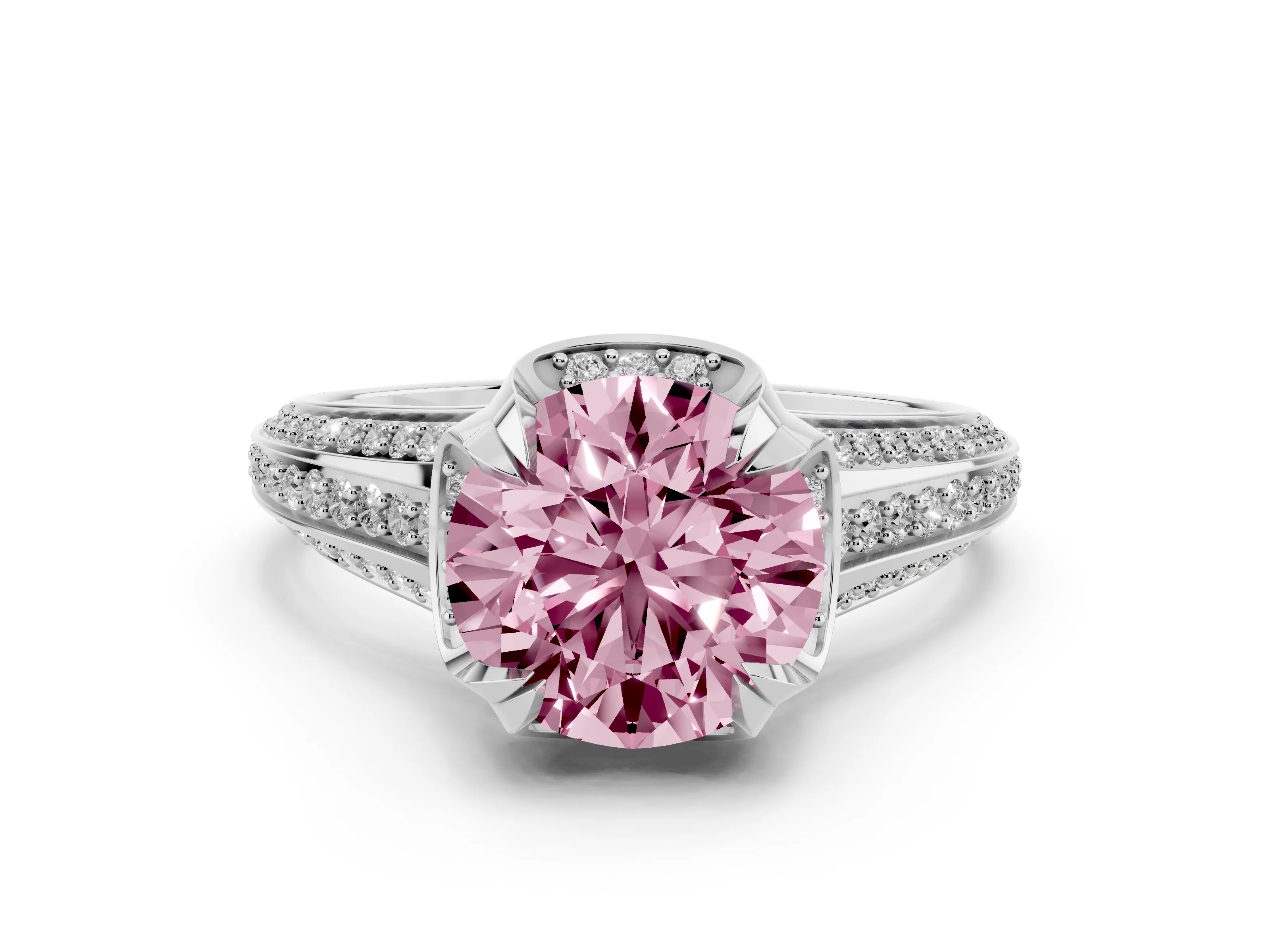 Fancy Pink Round Cut Diamond Pavé Split Shank Solitaire Ring Set in Platinum with Prong Setting