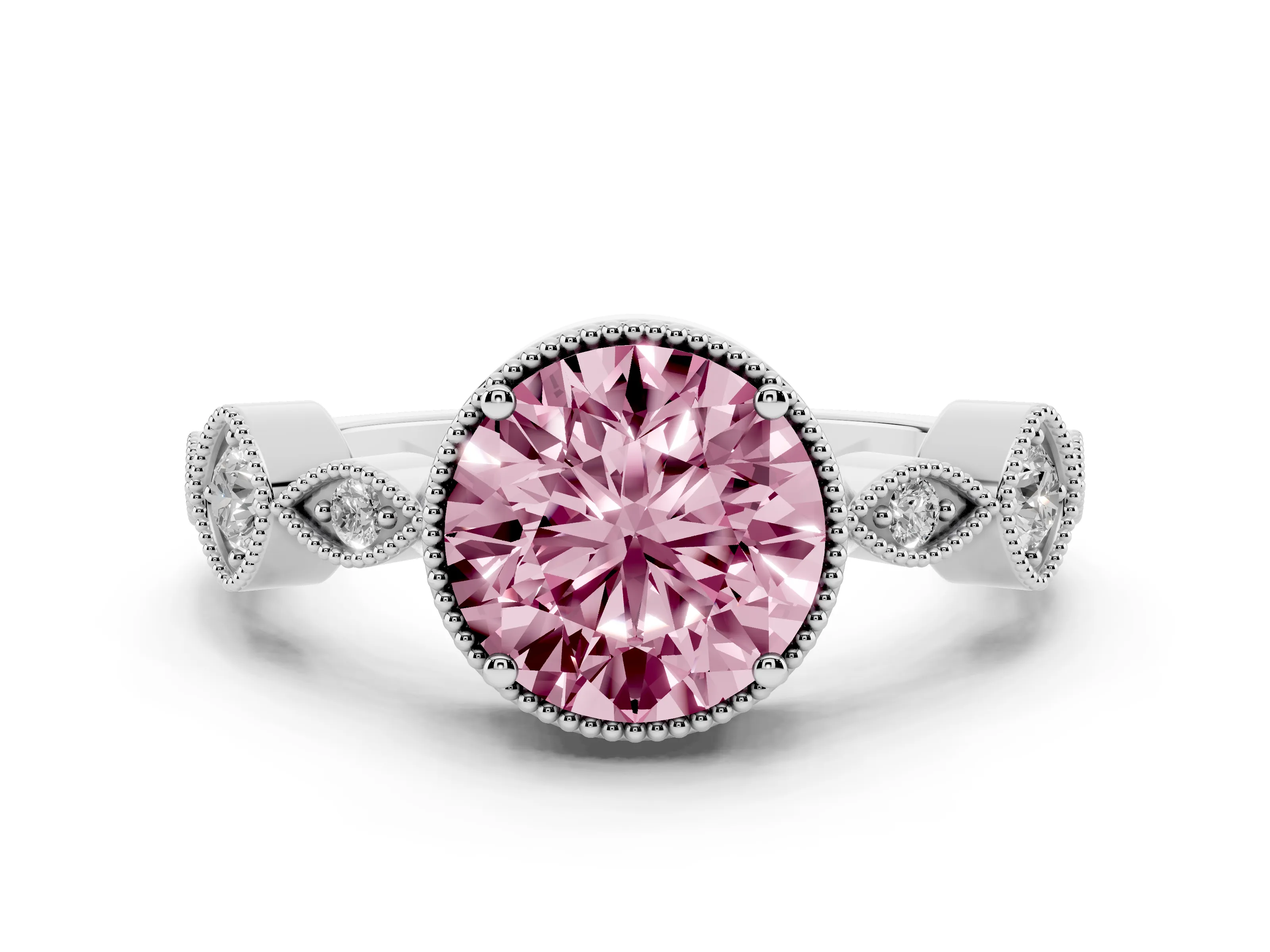 Fancy Pink Round Cut Diamond Vintage-Inspired Milgrain Ring Set in White gold with Marquise Stations of Round Accents