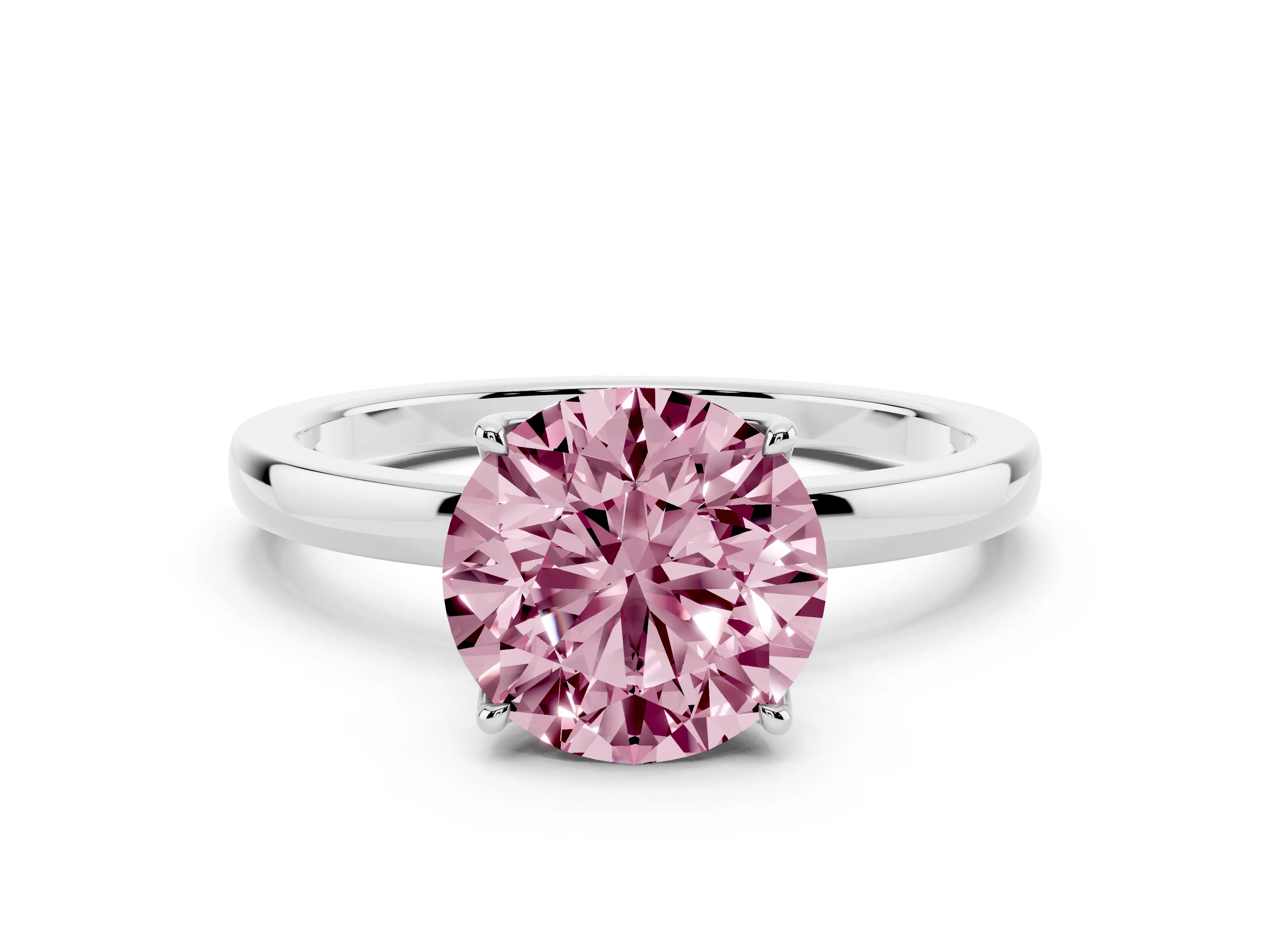 Fancy Pink Round Cut Diamond Solitaire Ring Set in White gold with Prong Setting and Thin Polished Band