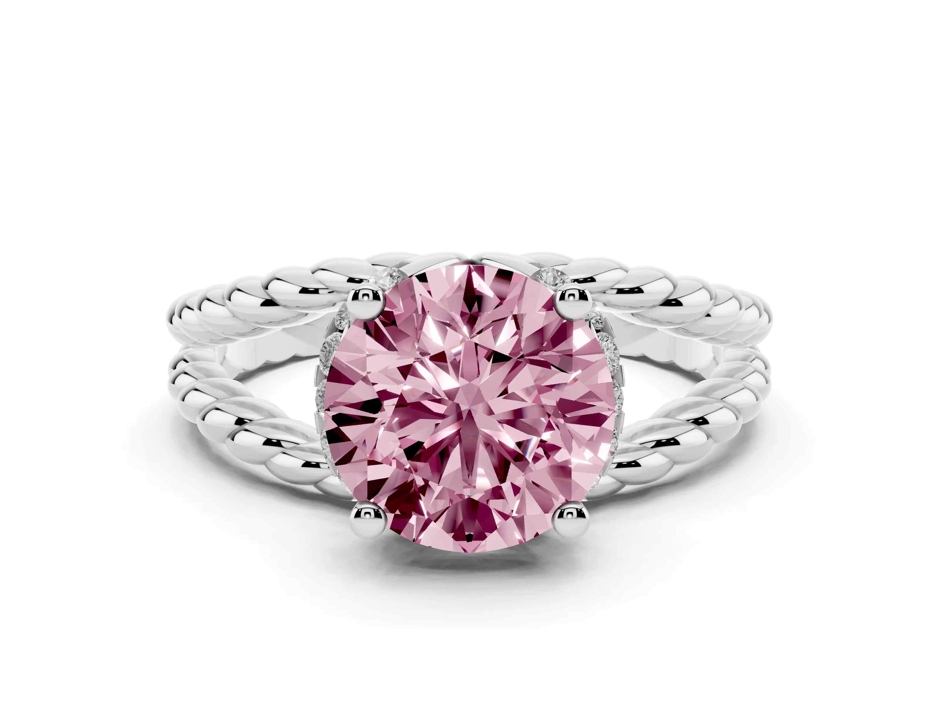 Fancy Pink Round Cut Diamond Halo Ring Set in Platinum with Twisted Band and Prong Setting