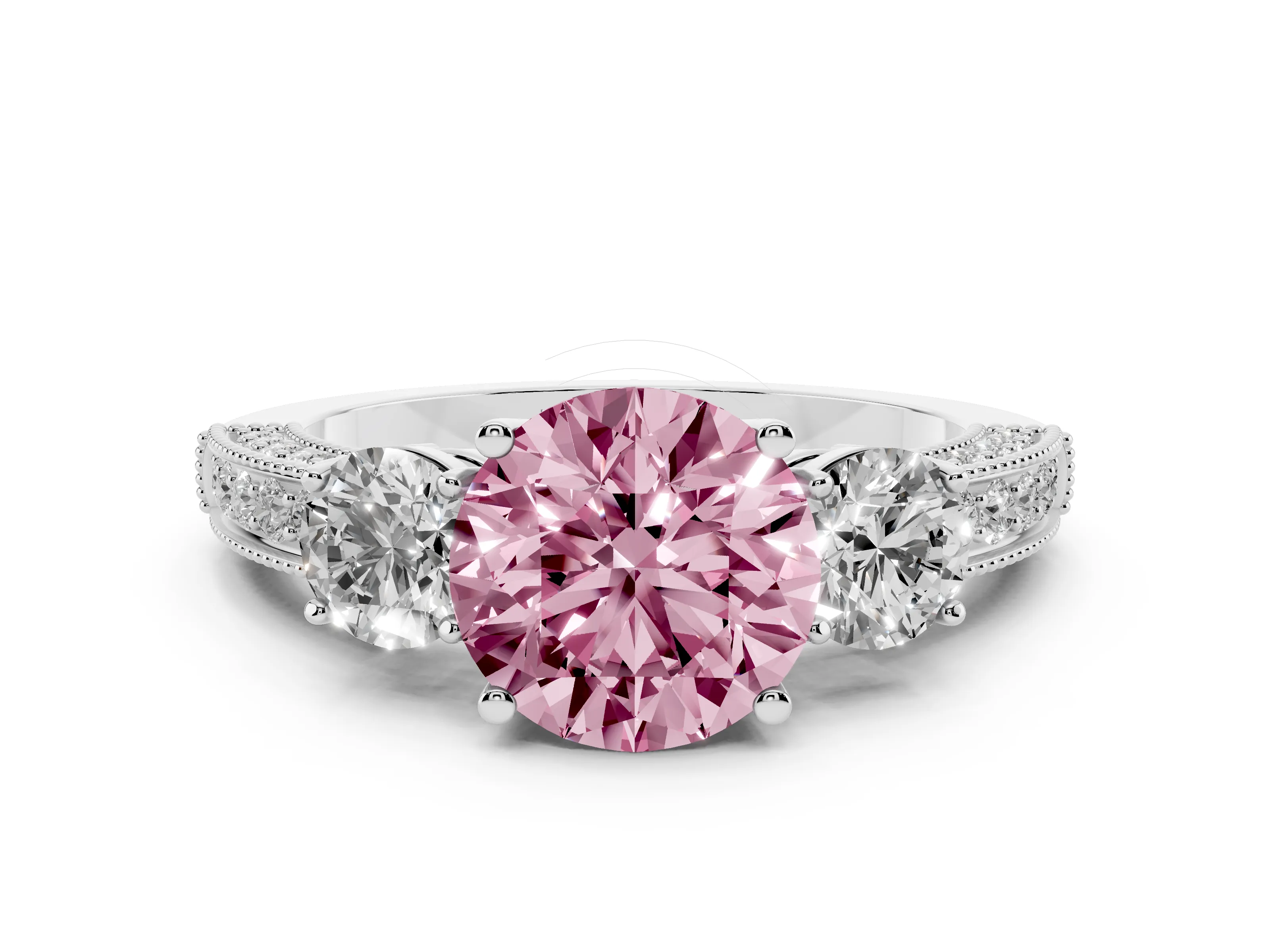 Fancy Pink Round Cut Diamond Three-Stone Ring Set in White gold with Round Side Stones and Pavé Band