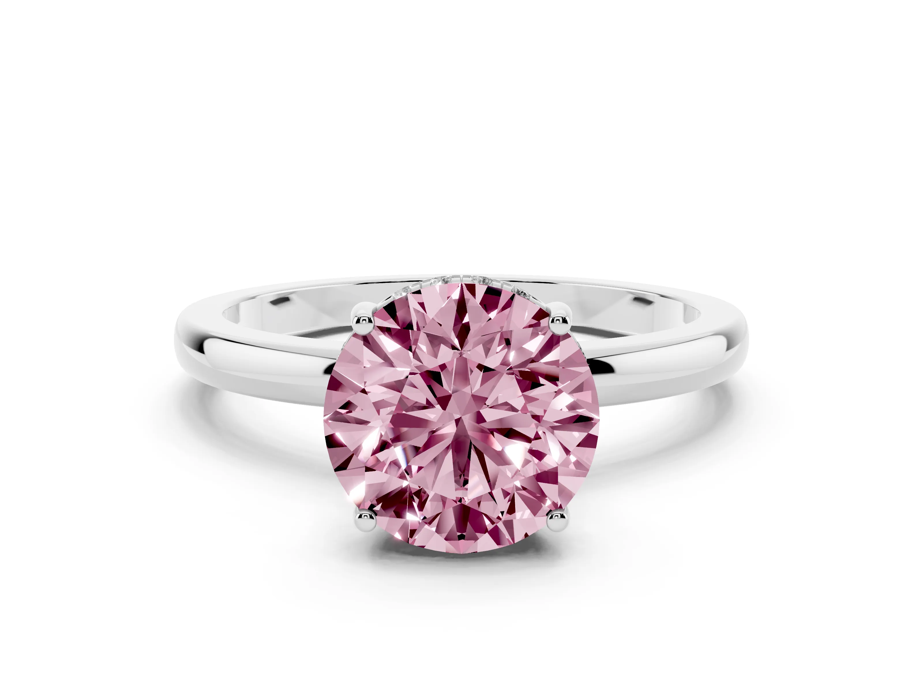 Fancy Pink Round Cut Diamond Solitaire Ring Set in White gold with Plain Band and Prong Setting