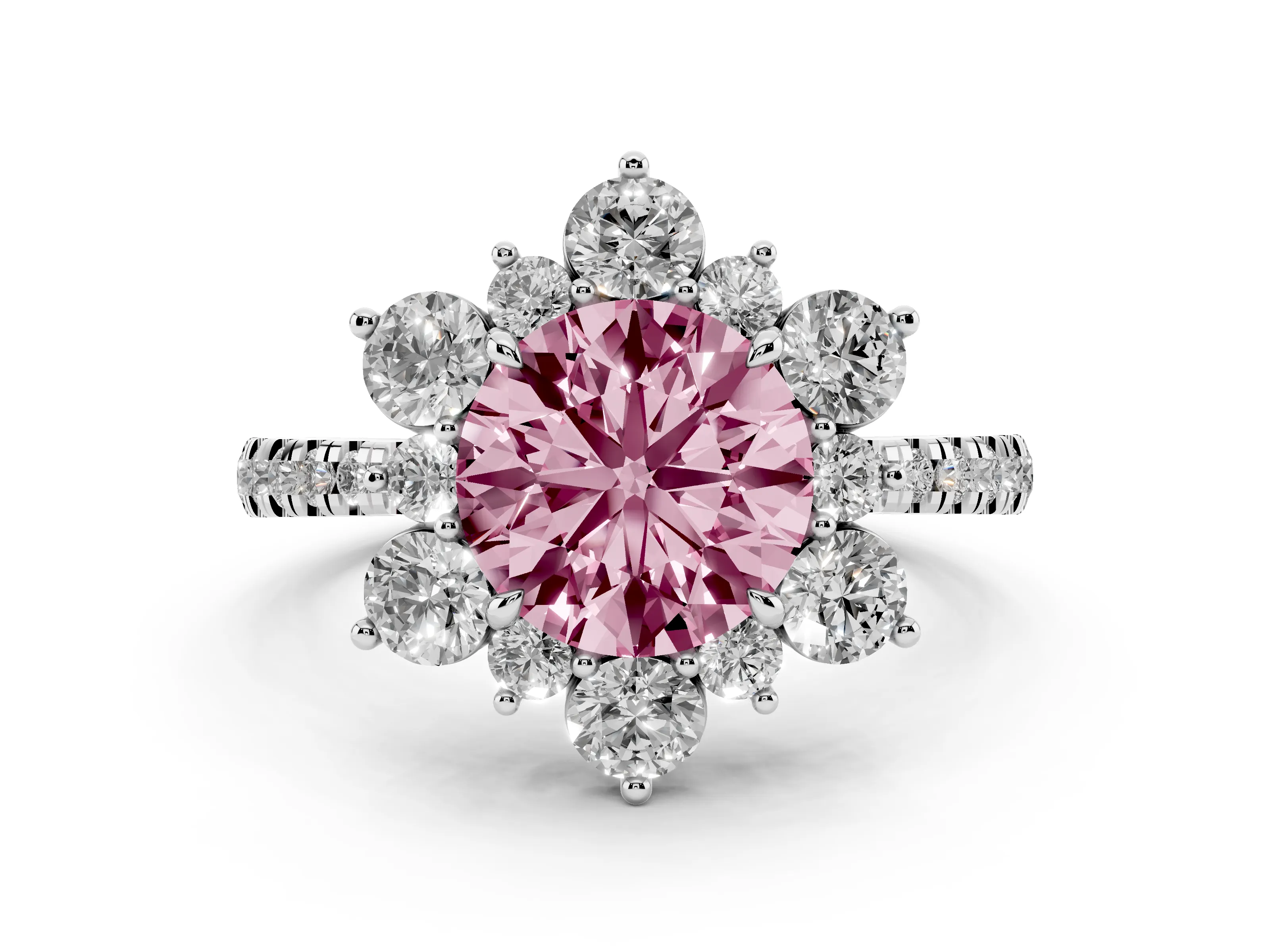 Fancy Pink Round Cut Diamond Floral Halo Ring Set in Platinum with Round Pavé Band and Prong Setting