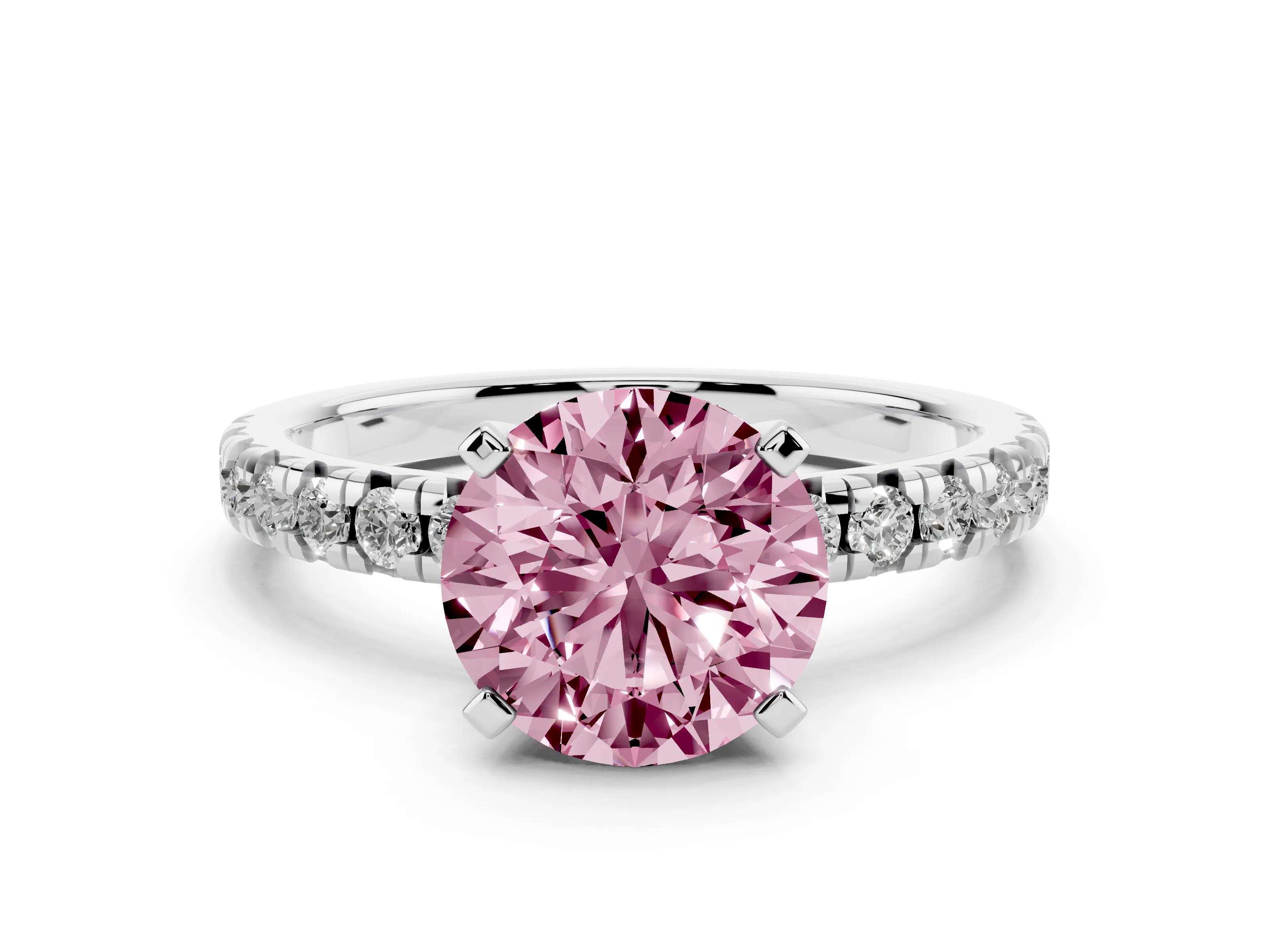 Fancy Pink Round Cut Diamond Solitaire Pavé Engagement Ring Set in White gold with Round Band and Prong Setting