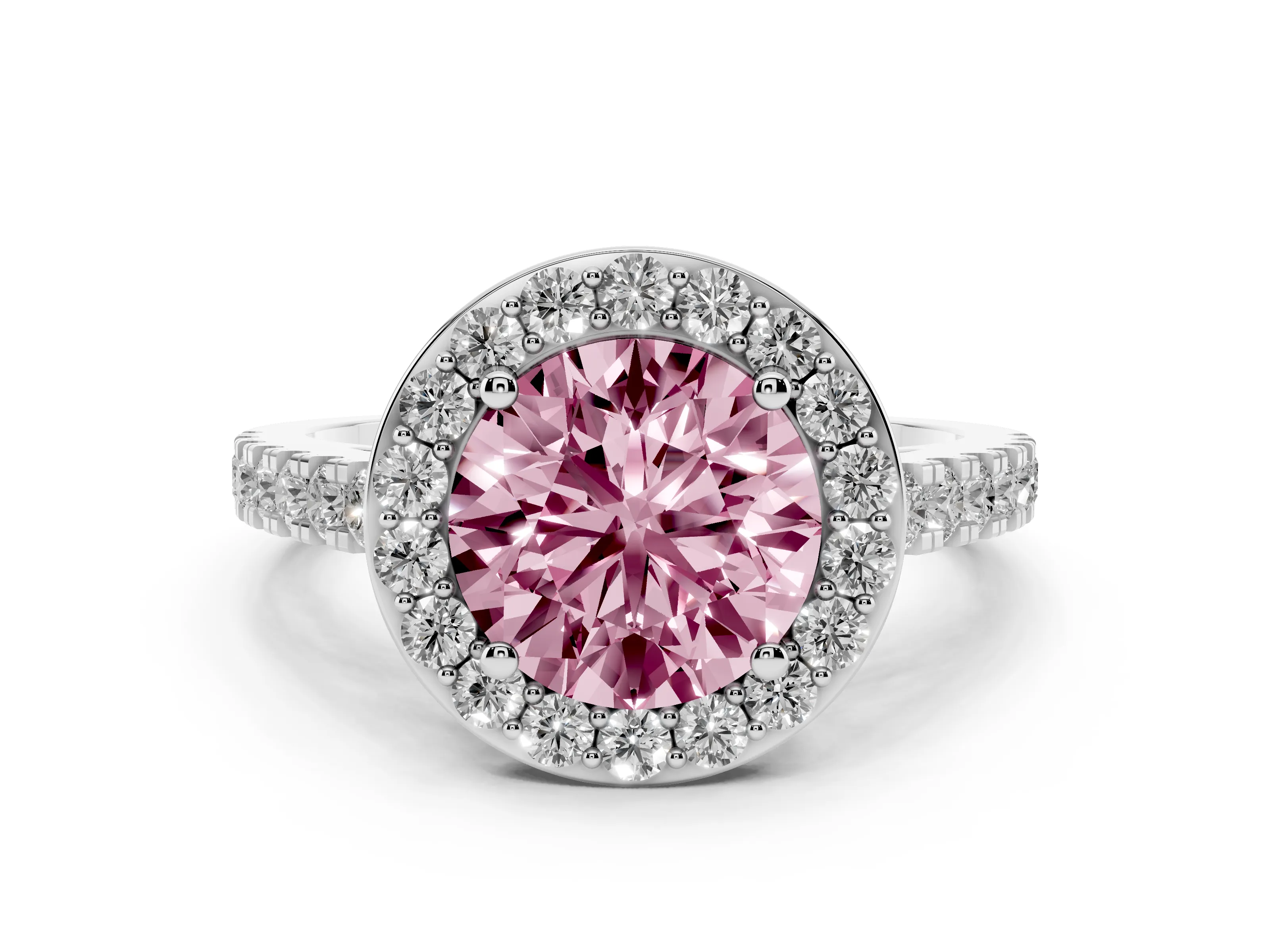 Fancy Pink Round Cut Diamond Halo Ring Set in Silver with Round Pavé Split Shank and Prong Setting