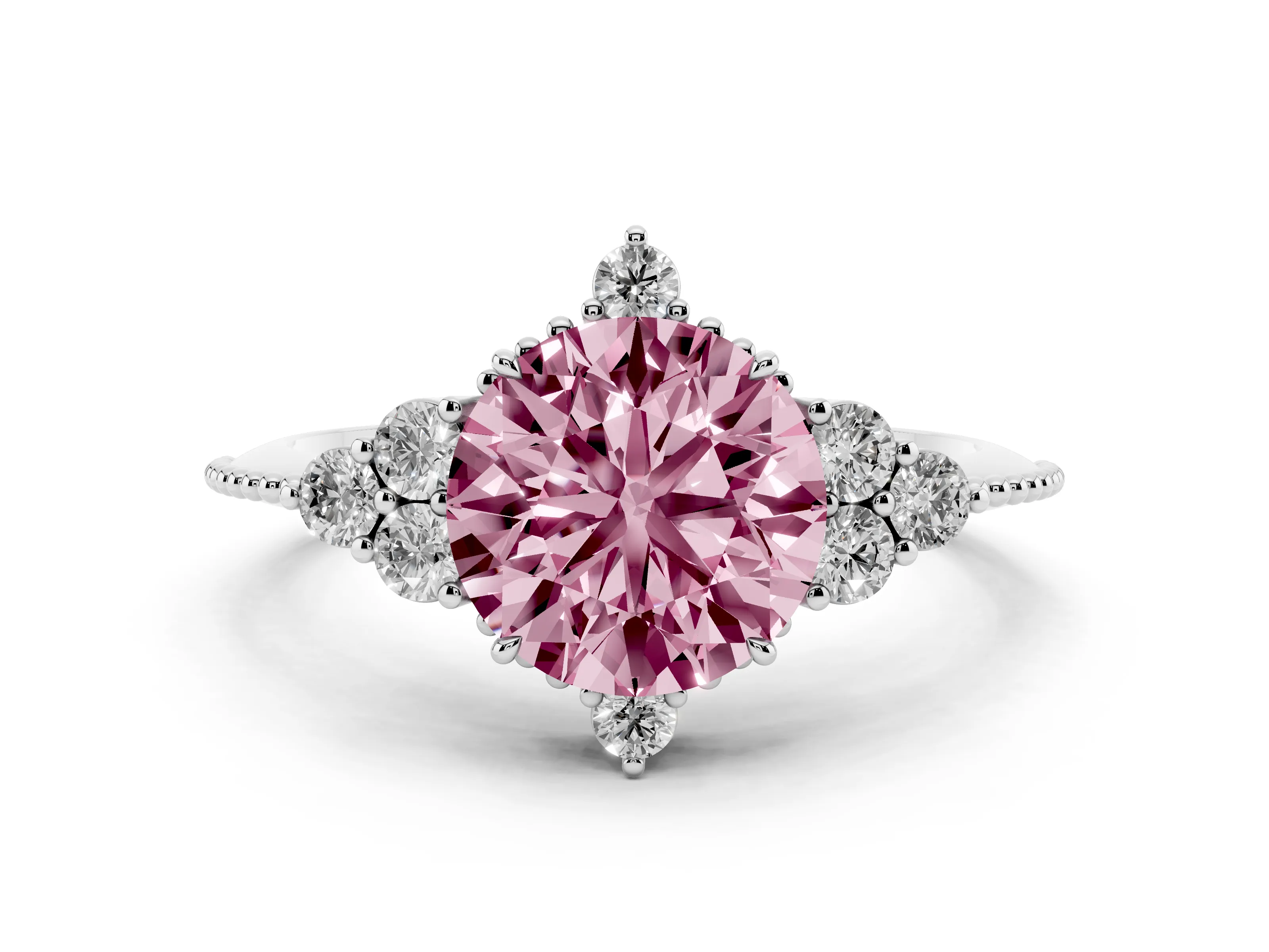 Fancy Pink Round Cut Diamond Cluster Ring Set in Silver with Beaded Band