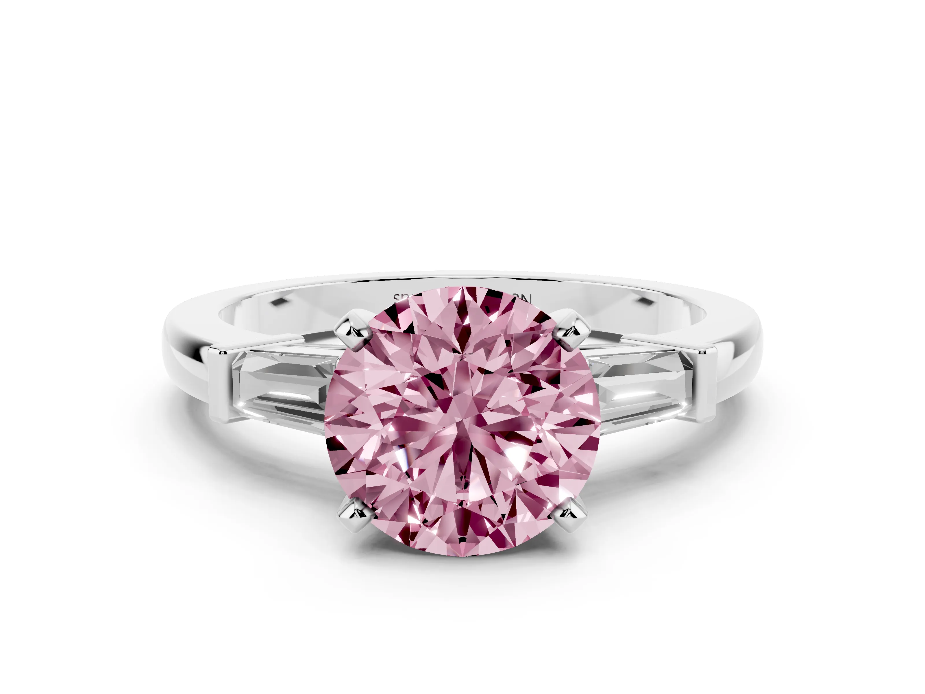 Fancy Pink Round Cut Diamond Solitaire Ring Set in Silver with Tapered Baguette Accents and Prong Setting