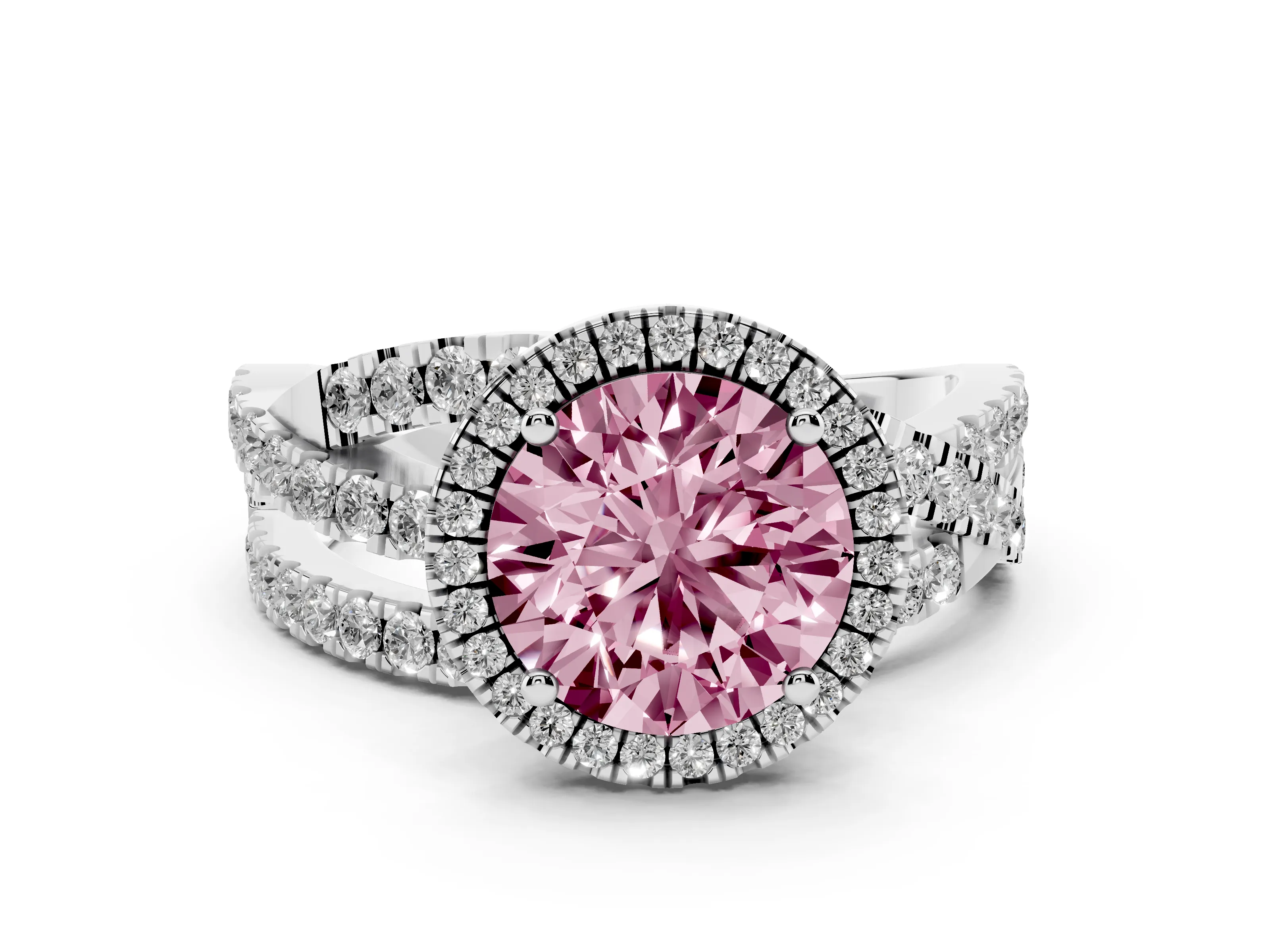 Fancy Pink Round Cut Diamond Halo Ring Set in Platinum with Round Crossover Split Shank and Prong Setting