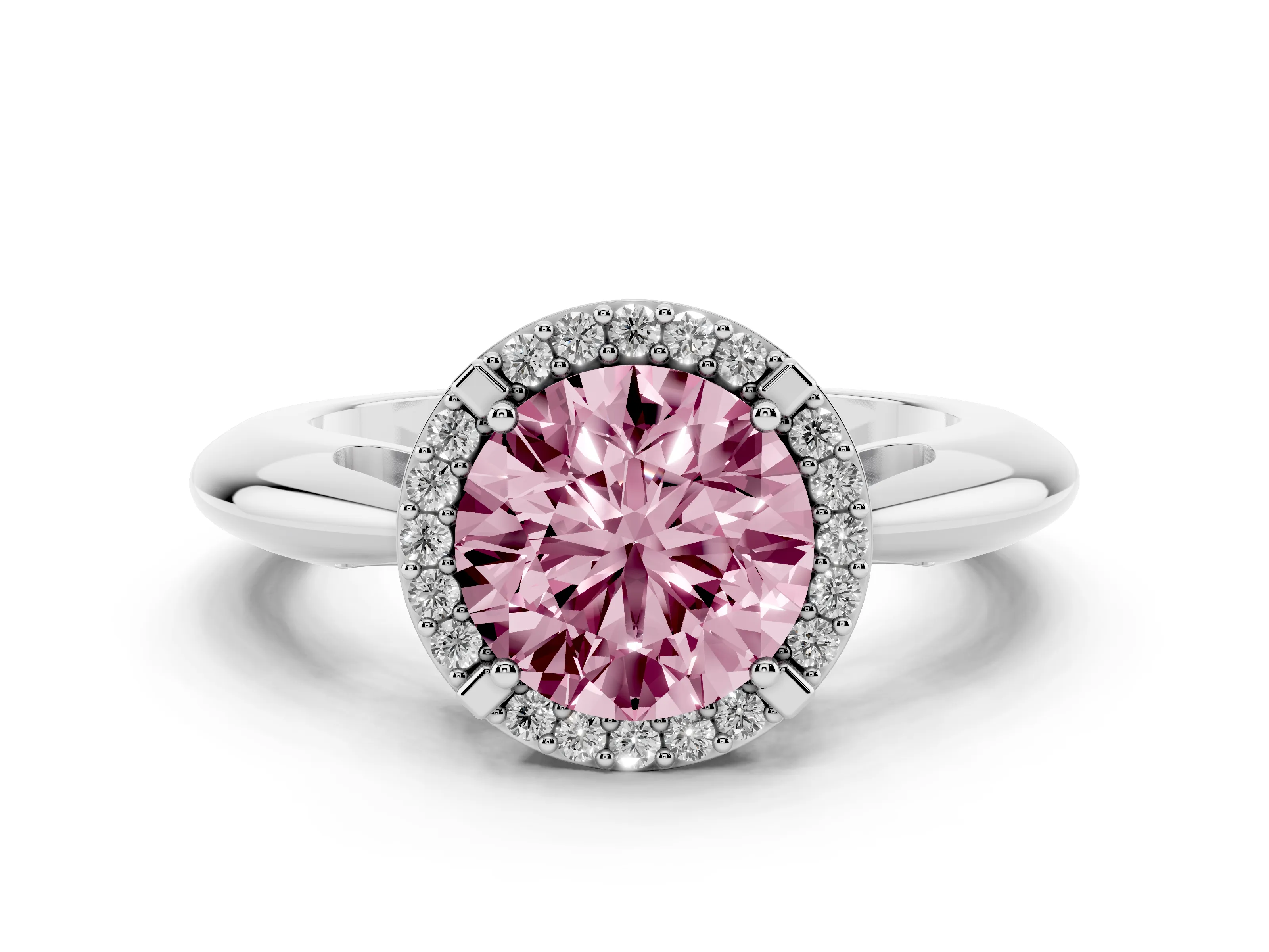 Fancy Pink Round Cut Diamond Halo Engagement Ring Set in Platinum with Plain Split Shank and Prong Setting