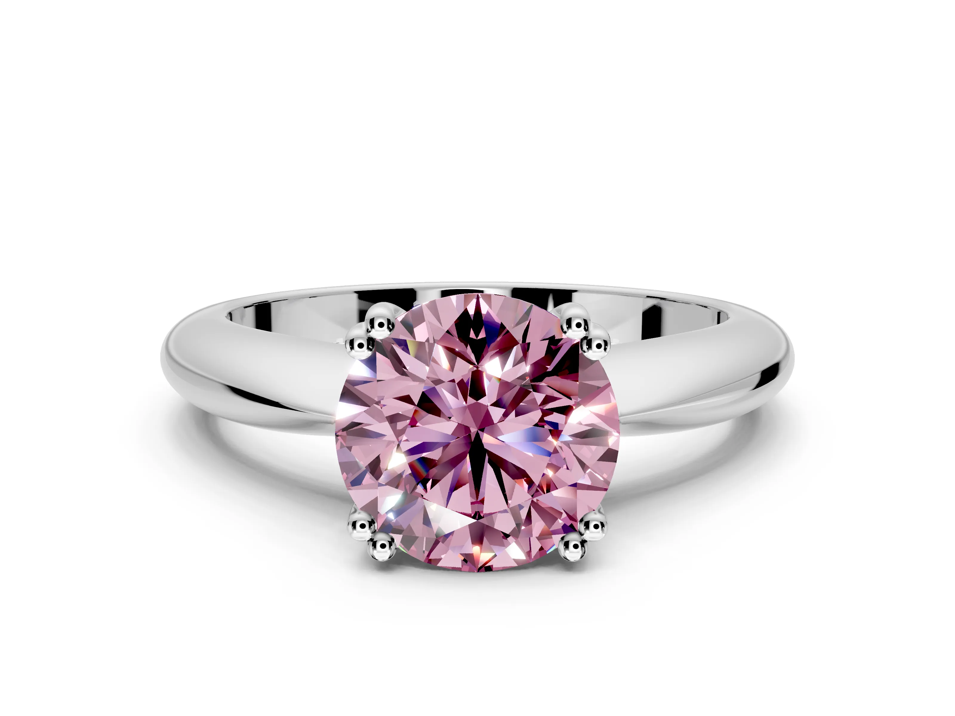 Solitaire Engagement Ring Setting for Fancy Pink Round Cut Center with Reverse Tapered Band and Prong Head in White Gold